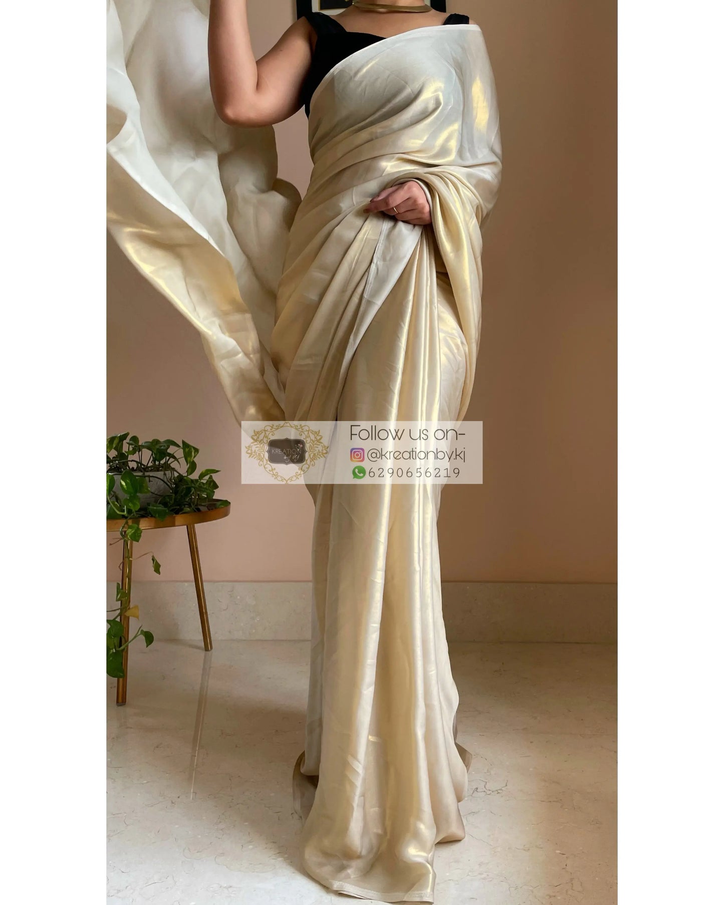 Beige Shimmer Satin Saree - kreationbykj