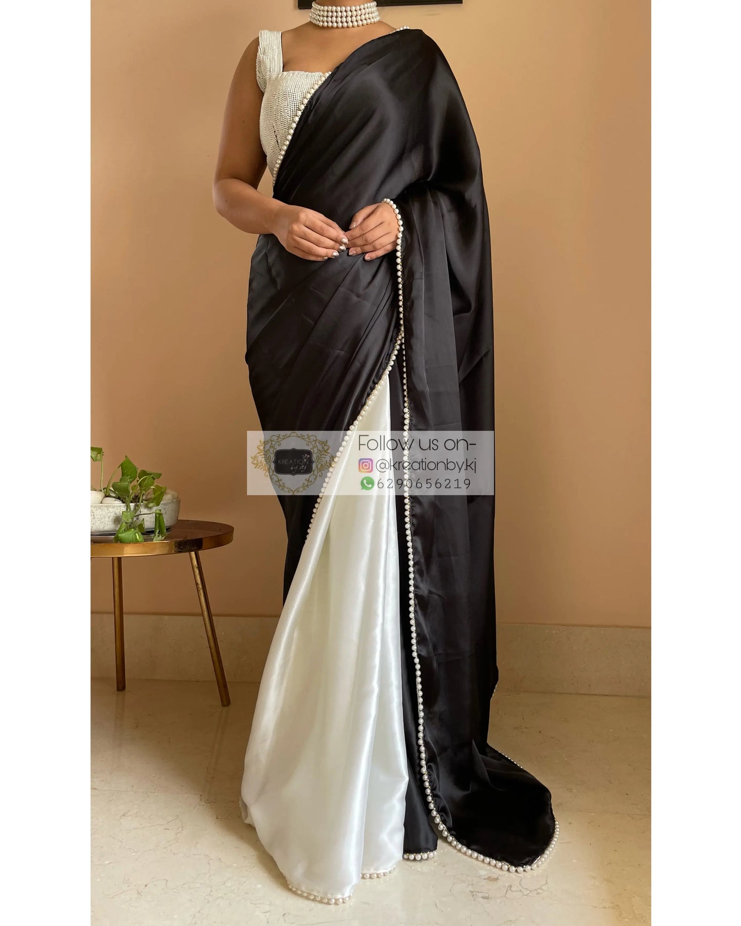 Monochrome Two in One Satin Saree - kreationbykj