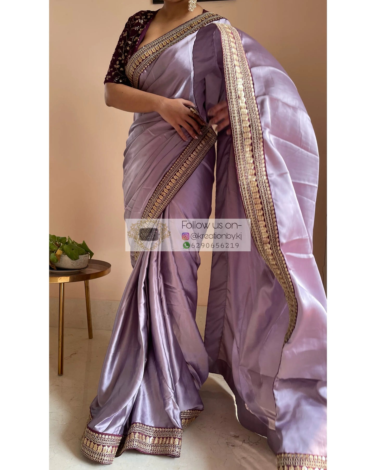Dull Lavender Satin Saree with Wine Border - kreationbykj