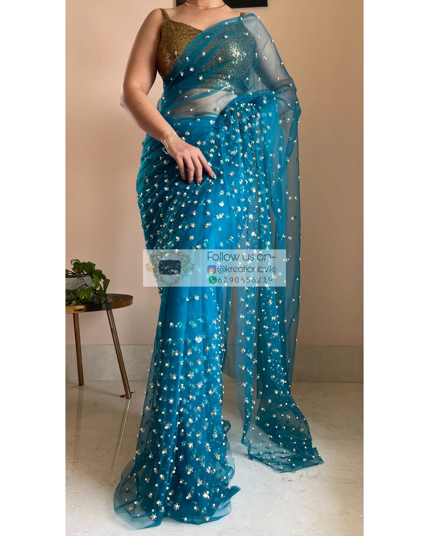 Jugnoo Teal Blue Net Saree - kreationbykj