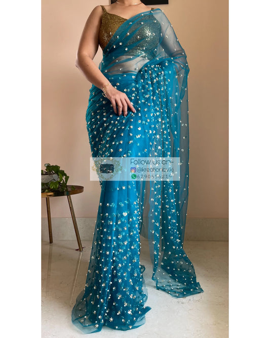 Jugnoo Teal Blue Net Saree - kreationbykj