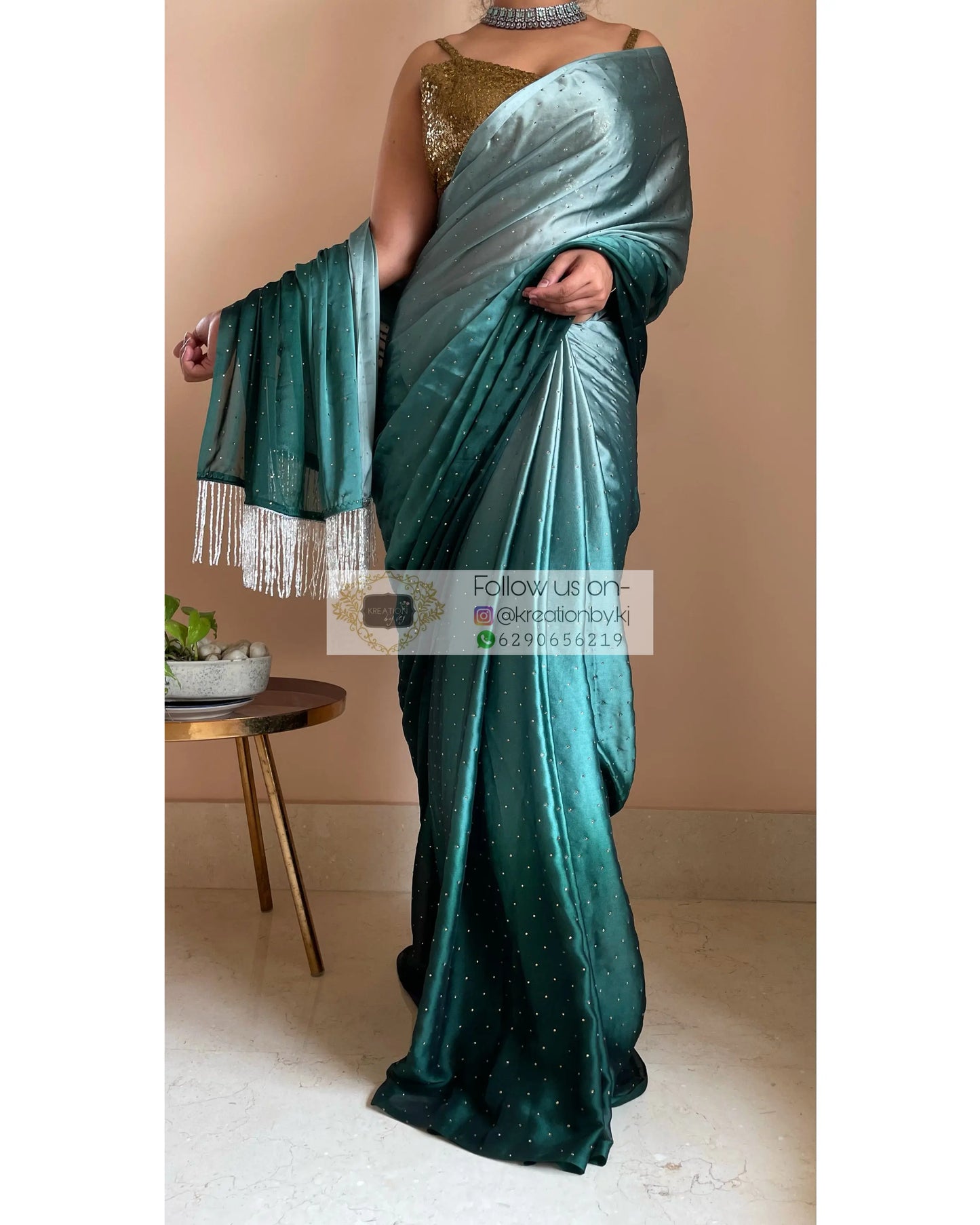 Ombré Emerald Green Saree with Stone Work - kreationbykj