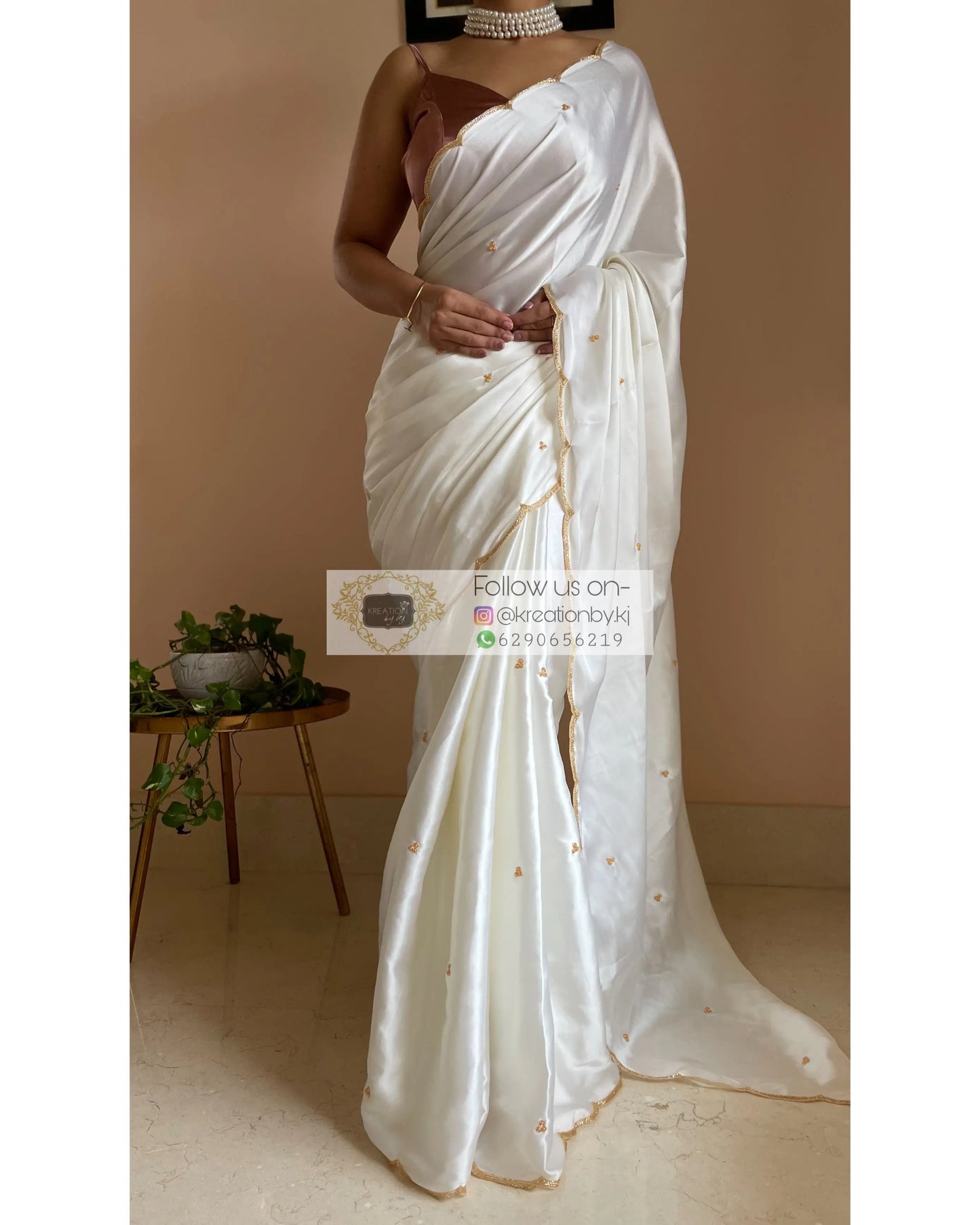 Cream Satin Silk Saree with Handembroidered Scalloping - kreationbykj