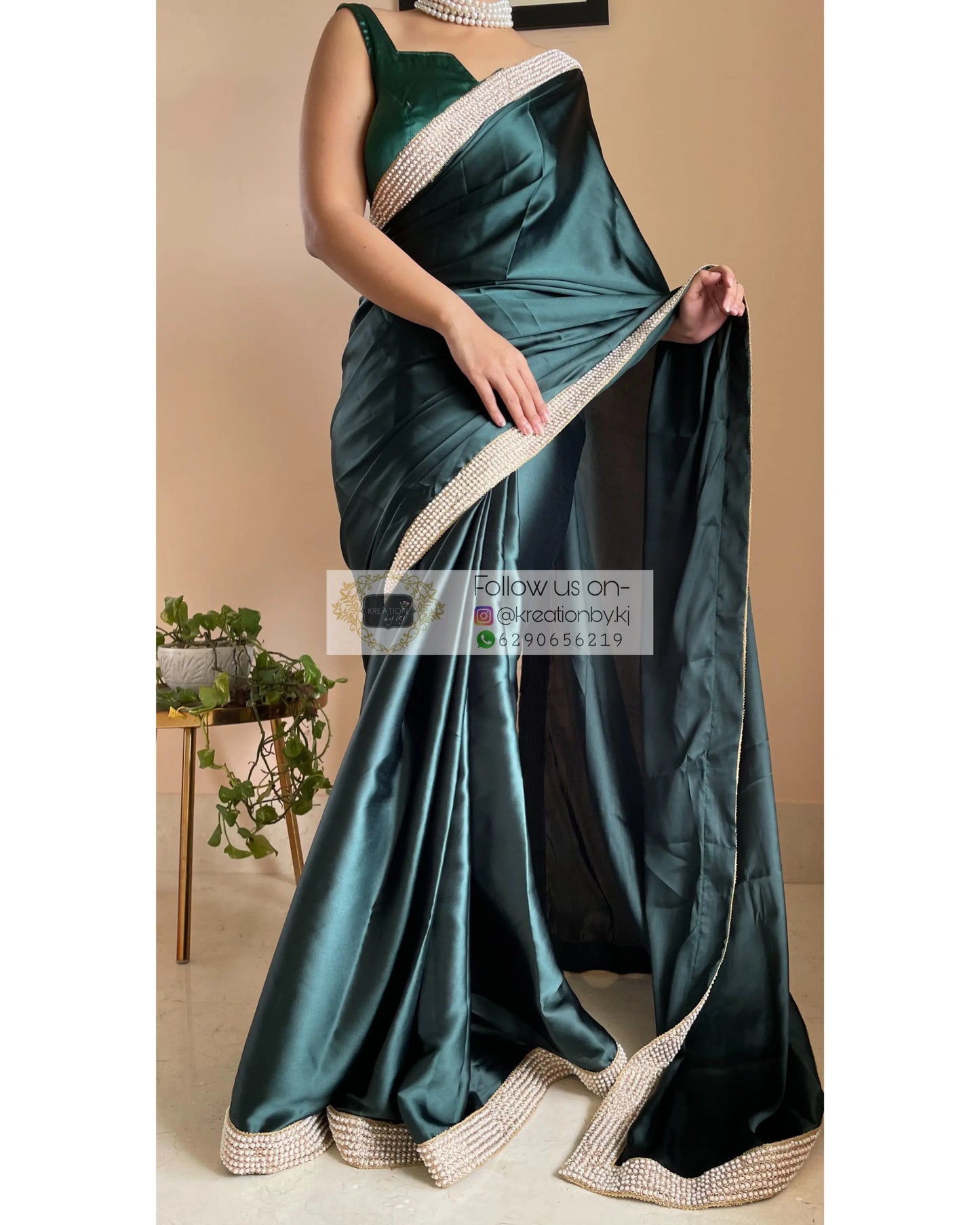 Dark Blackish Green Mother Of Pearl Saree - kreationbykj
