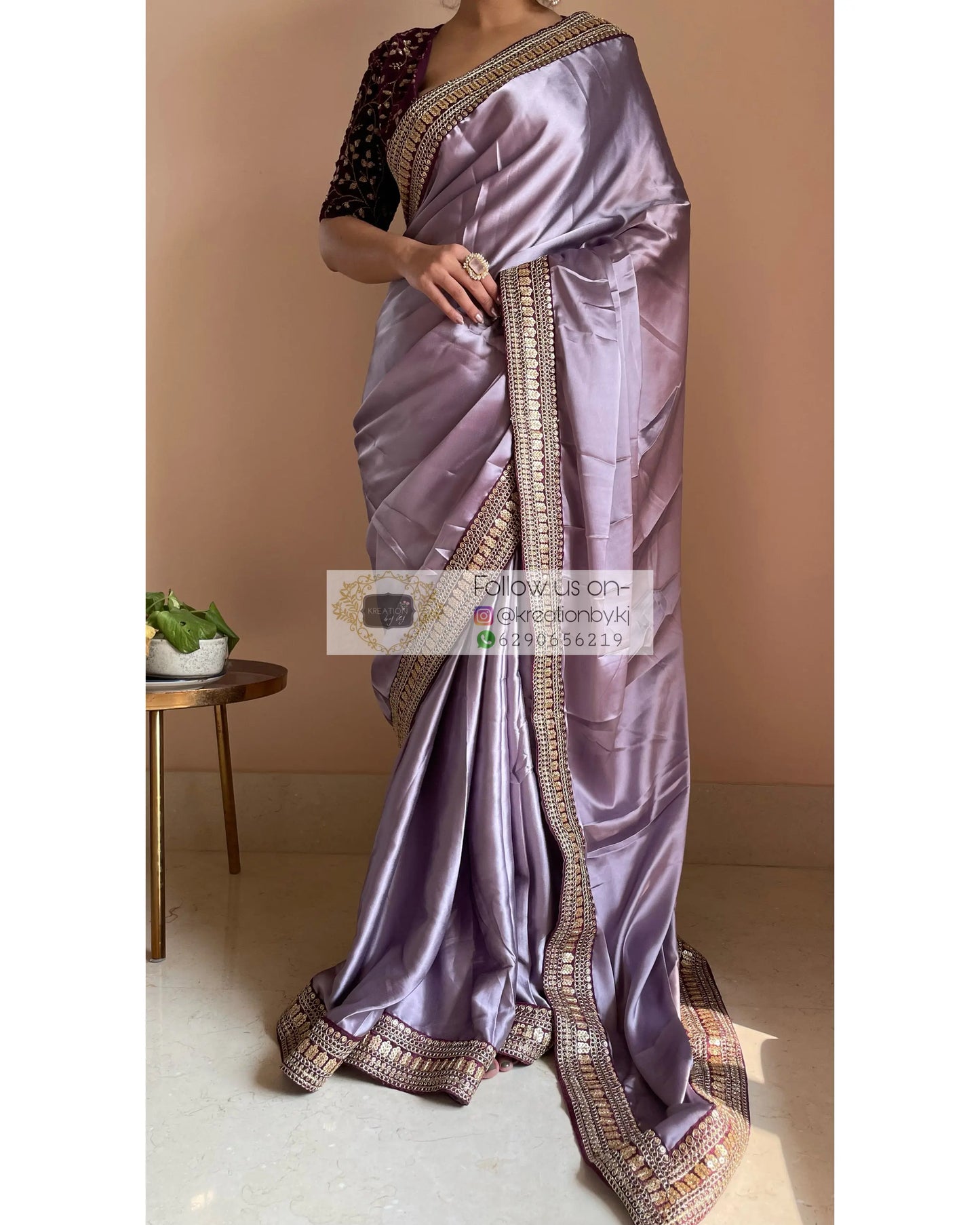 Dull Lavender Satin Saree with Wine Border - kreationbykj
