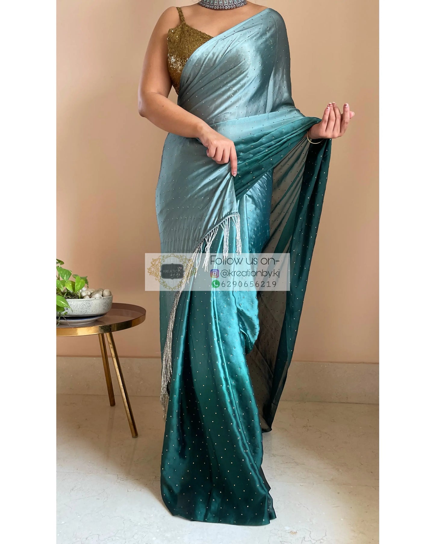 Ombré Emerald Green Saree with Stone Work - kreationbykj