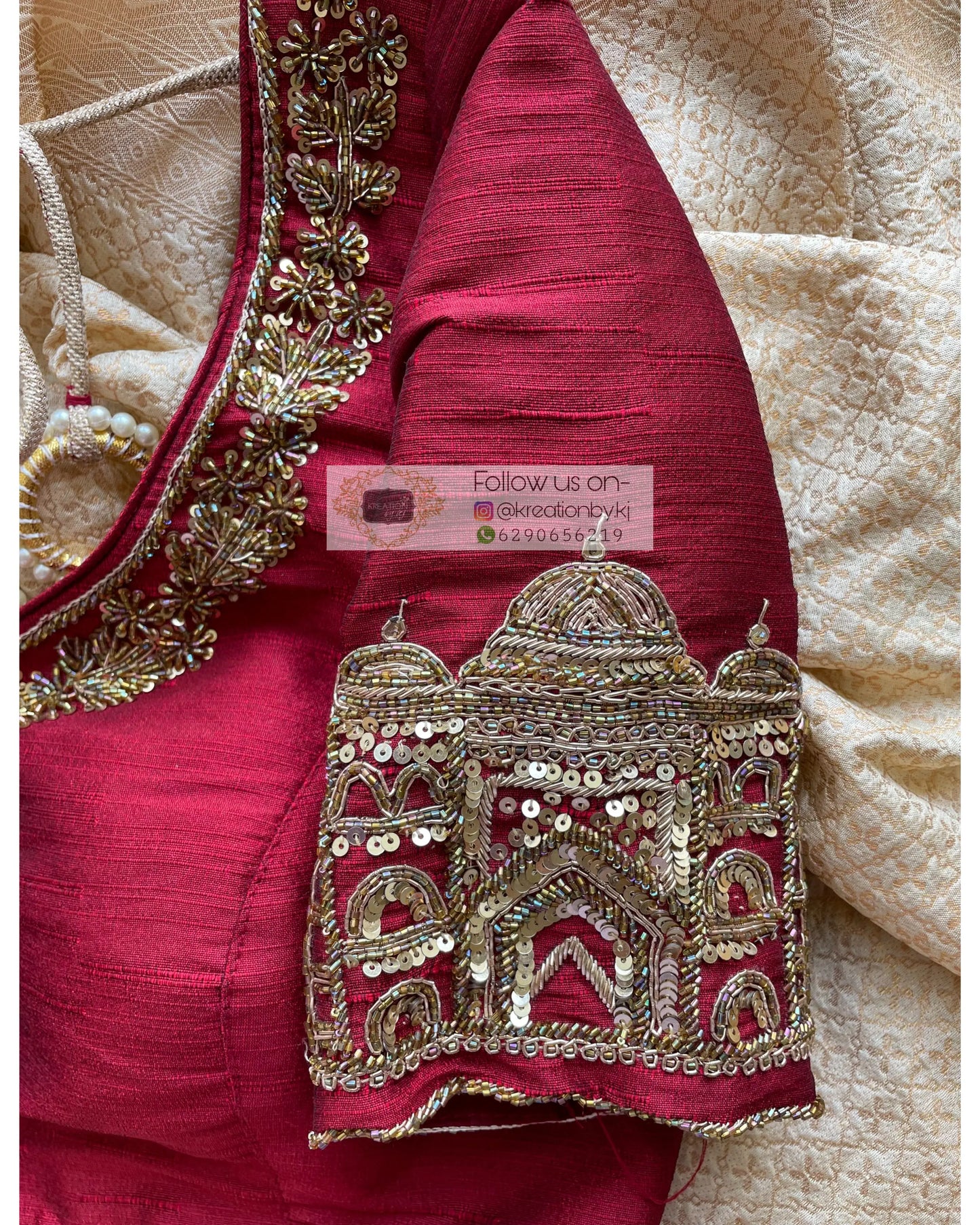 Cream Satin Silk Taj Mahal Saree - kreationbykj