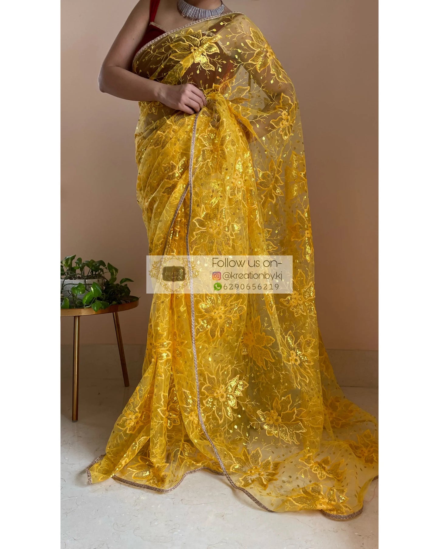 Yellow Floral Net Saree - kreationbykj