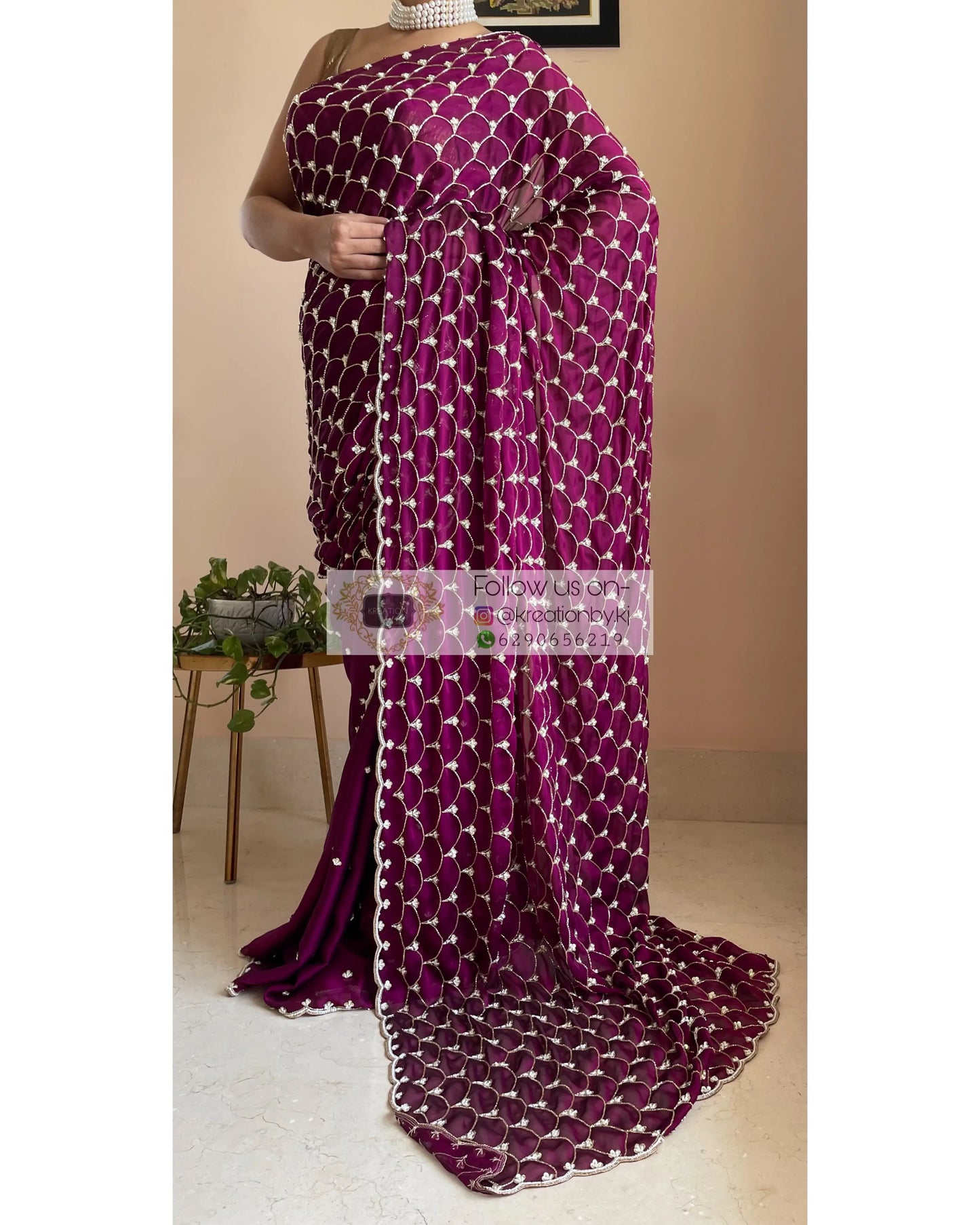 Wine Georgette Cutdana Mehraab Jaal Saree - kreationbykj