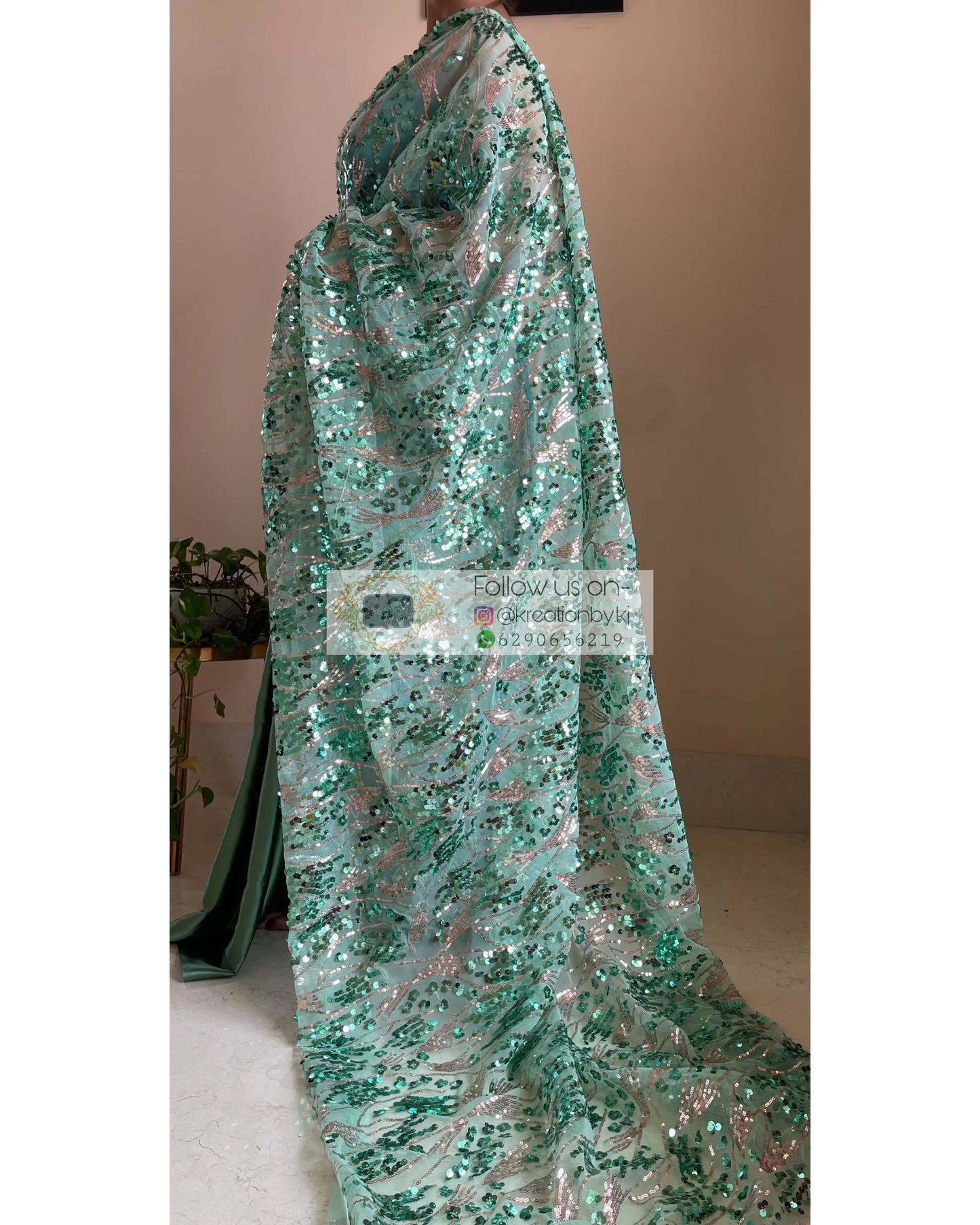 Green Mermaid Sequins Saree - kreationbykj
