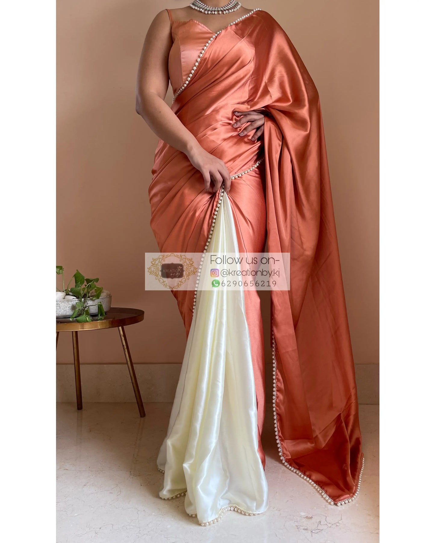 Peach Milk Two in One Satin Saree - kreationbykj