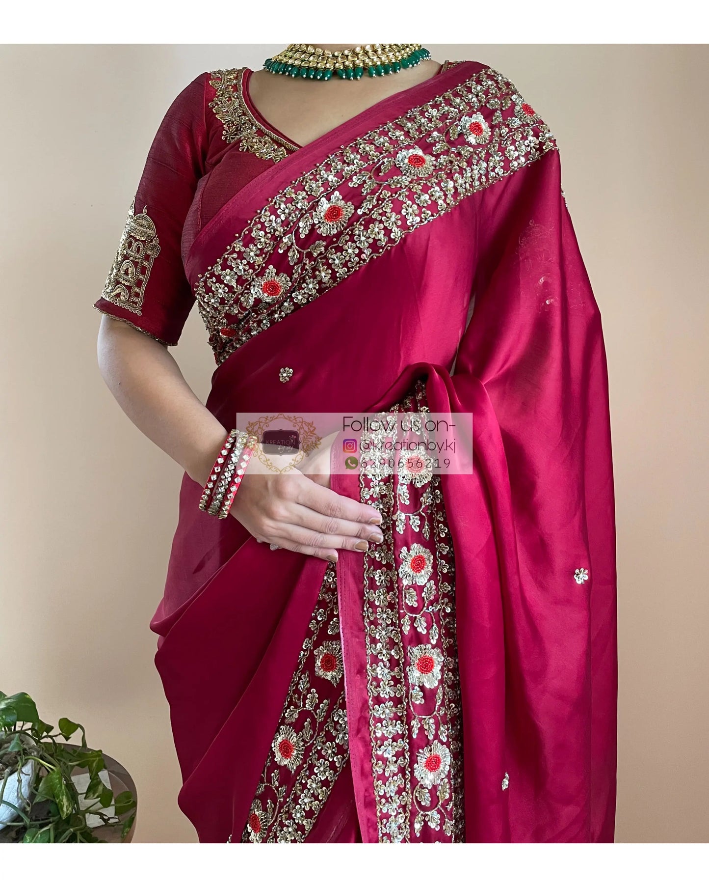 Maroon Crepe Silk Bridal Saree - kreationbykj