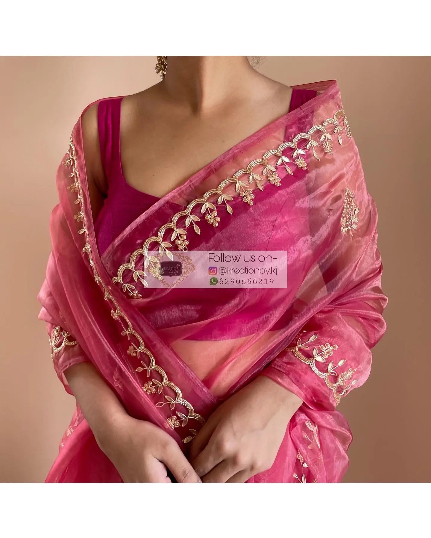 Pink Glass Tissue Saree with Gota Patti border - kreationbykj
