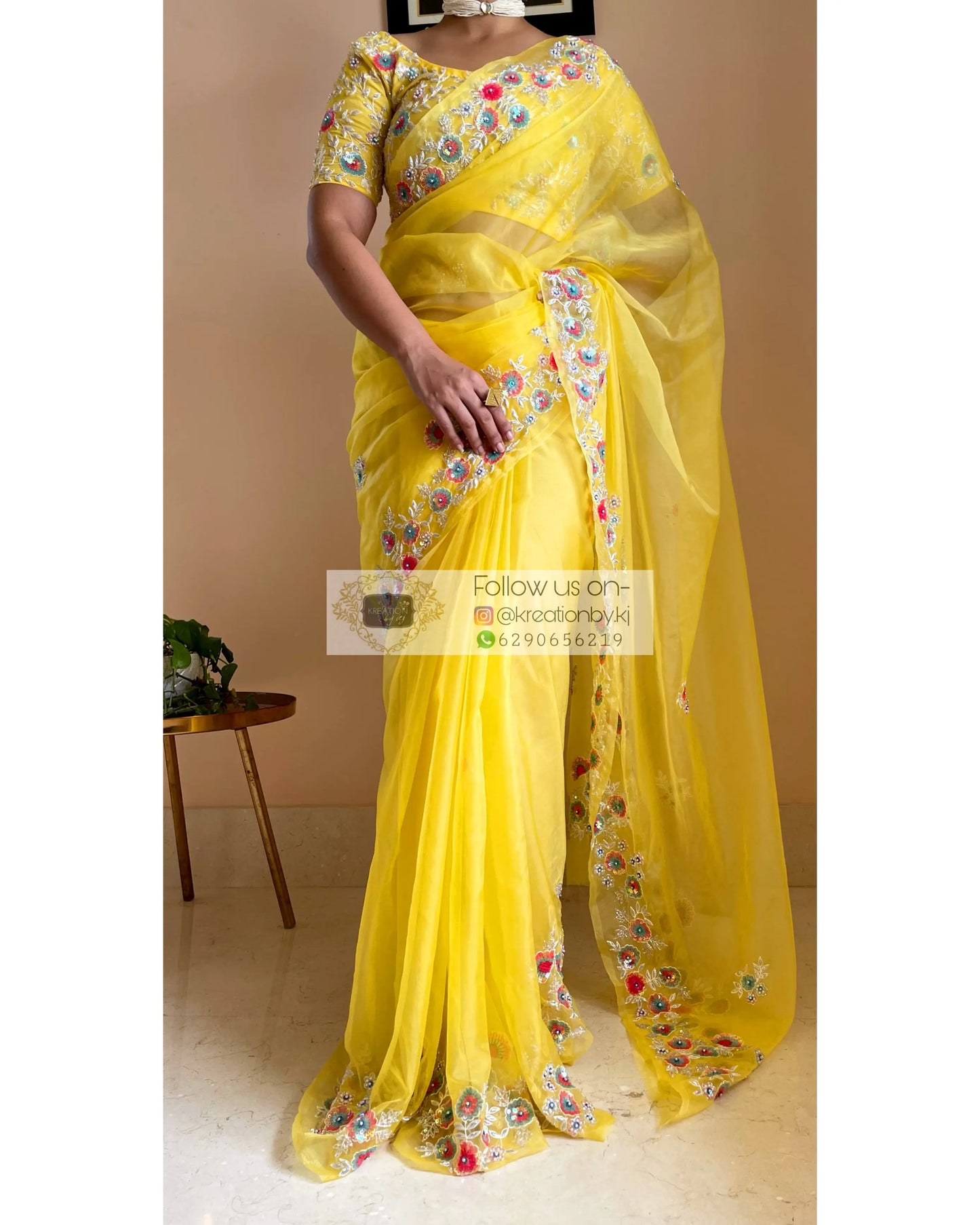 Yellow Organza Saree with Heavy Blouse - kreationbykj