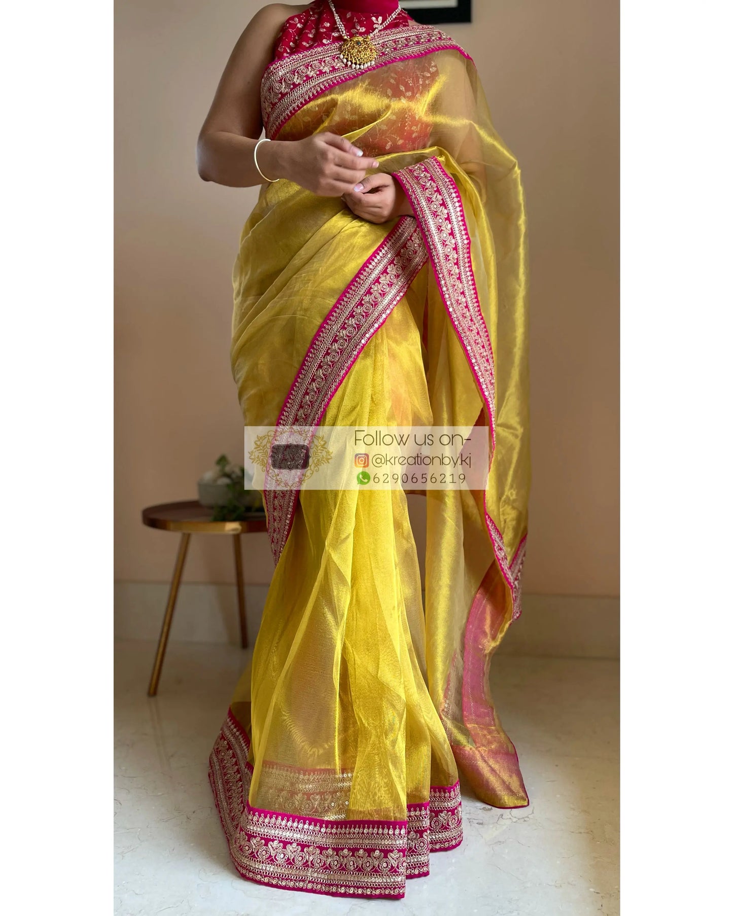 Gold Tissue Silk Saree with Fuschia Border - kreationbykj