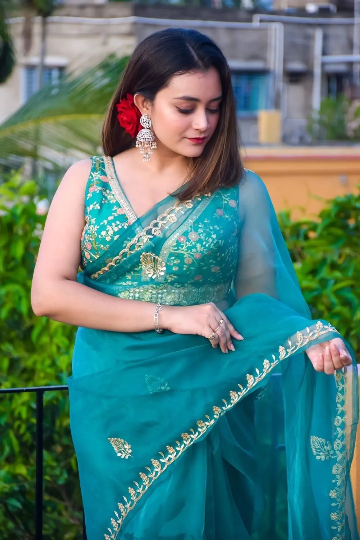 Teal Blue Glass Tissue Saree With Gota Patti Border - kreationbykj