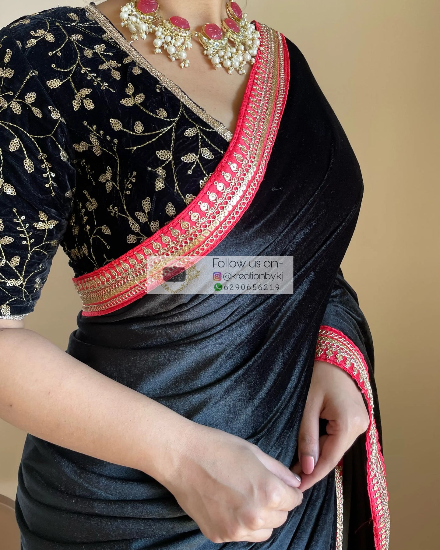 Black Floral Organza Velvet Saree - kreationbykj