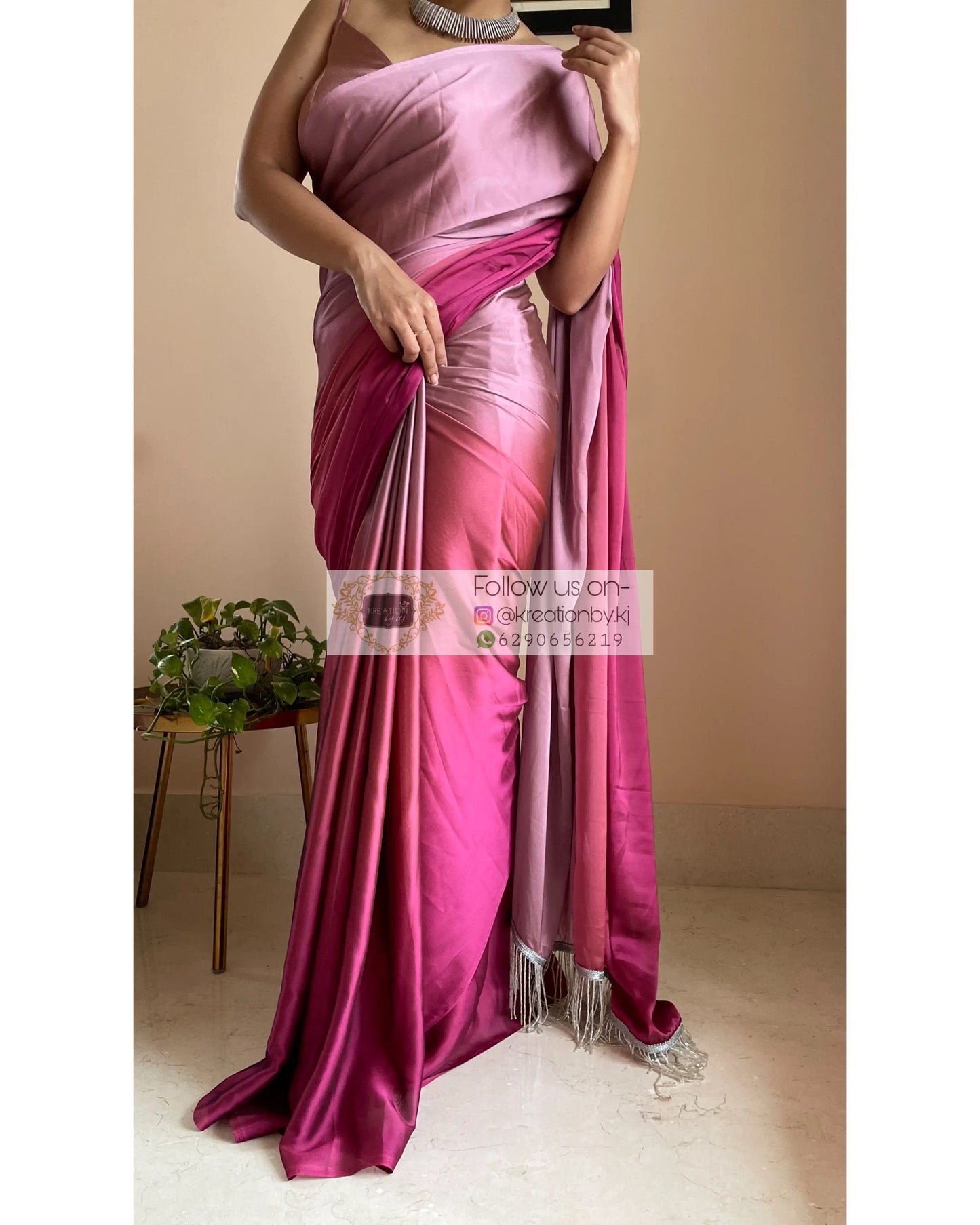 Pink Panther Georgette Ombré Saree with Handmade Tassels on Pallu - kreationbykj