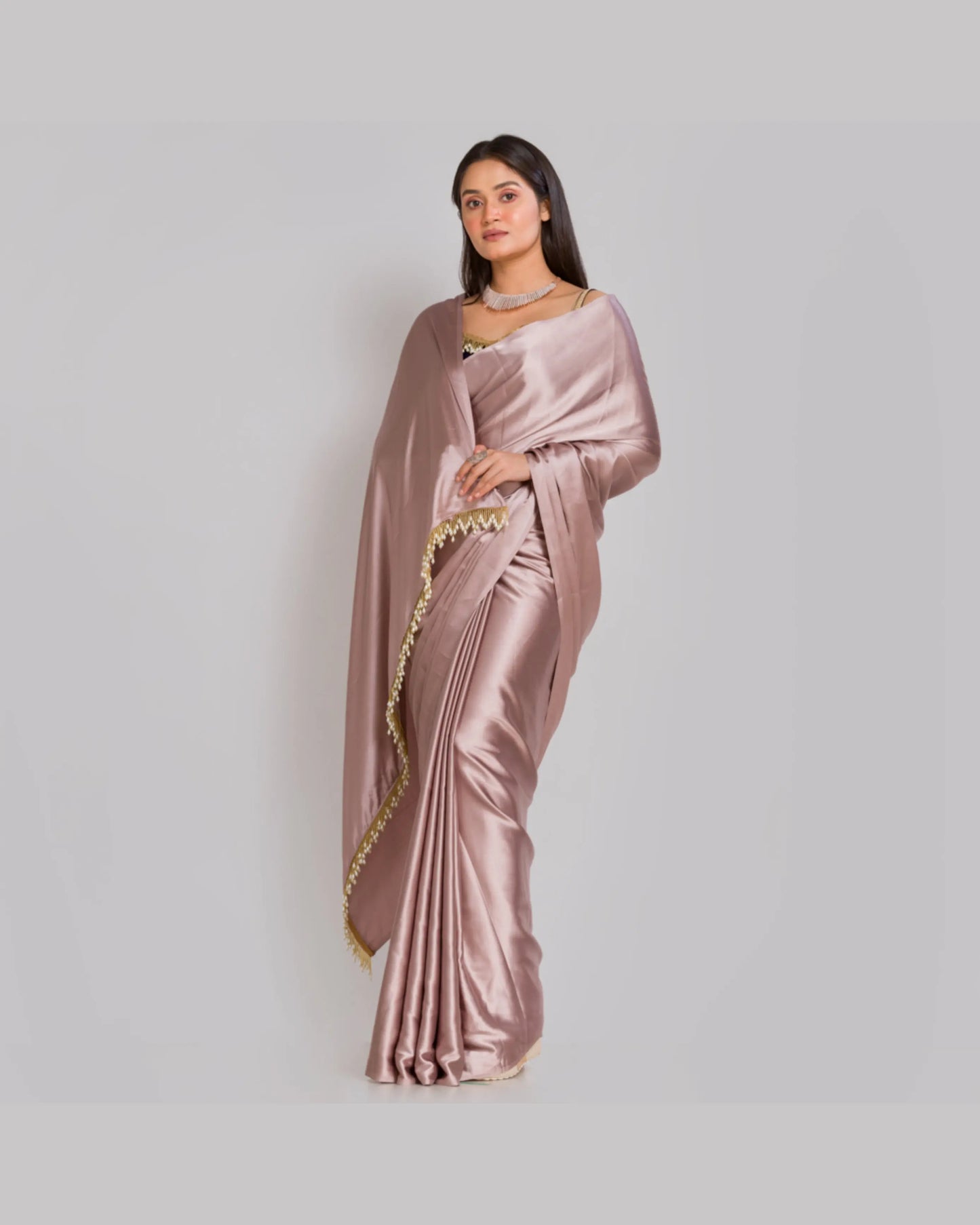 Lilac Satin Silk Saree with Handmade Tassels on Pallu - kreationbykj