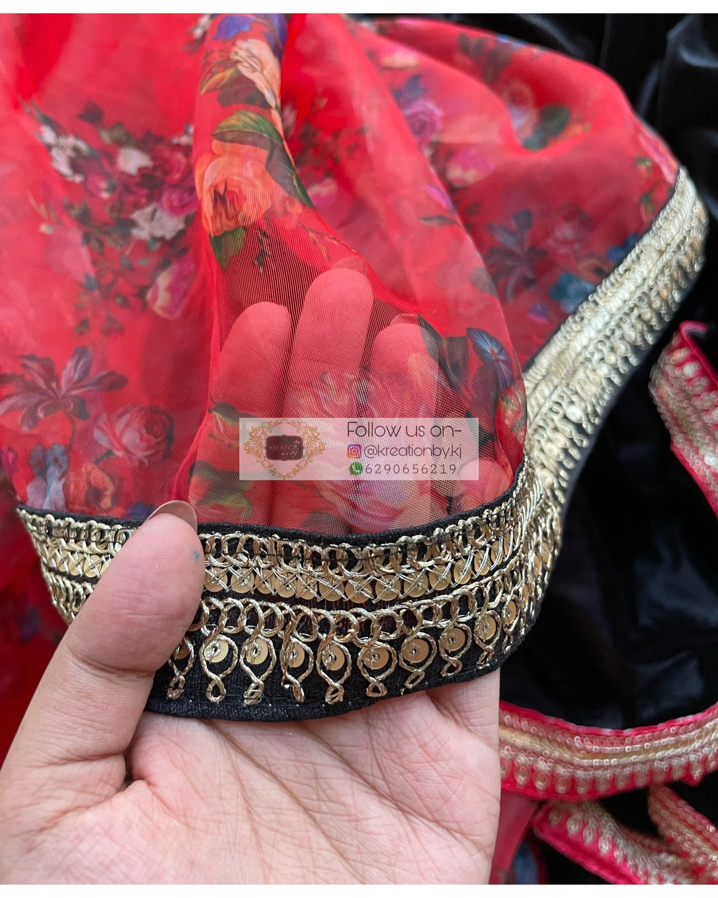 Black Floral Organza Velvet Saree - kreationbykj