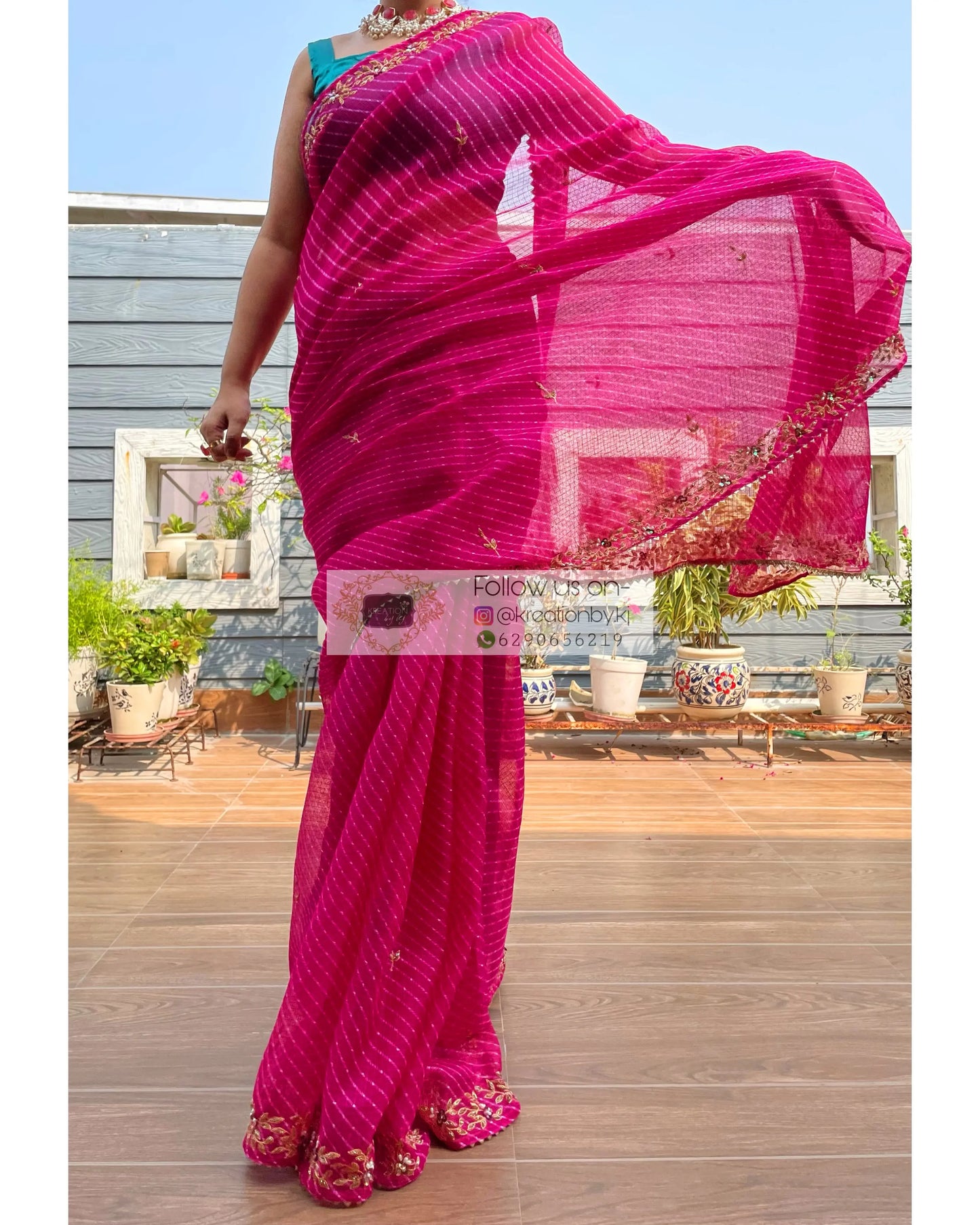 Hot Pink Chandani Leheriya Saree - kreationbykj