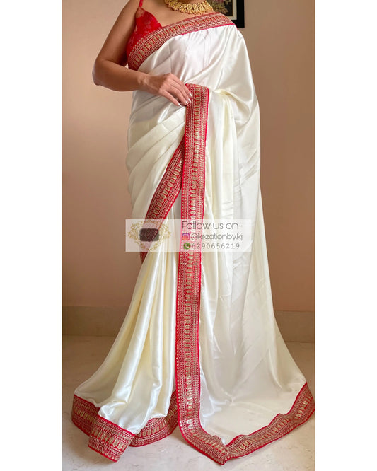 Cream Satin Saree with Red Border - kreationbykj