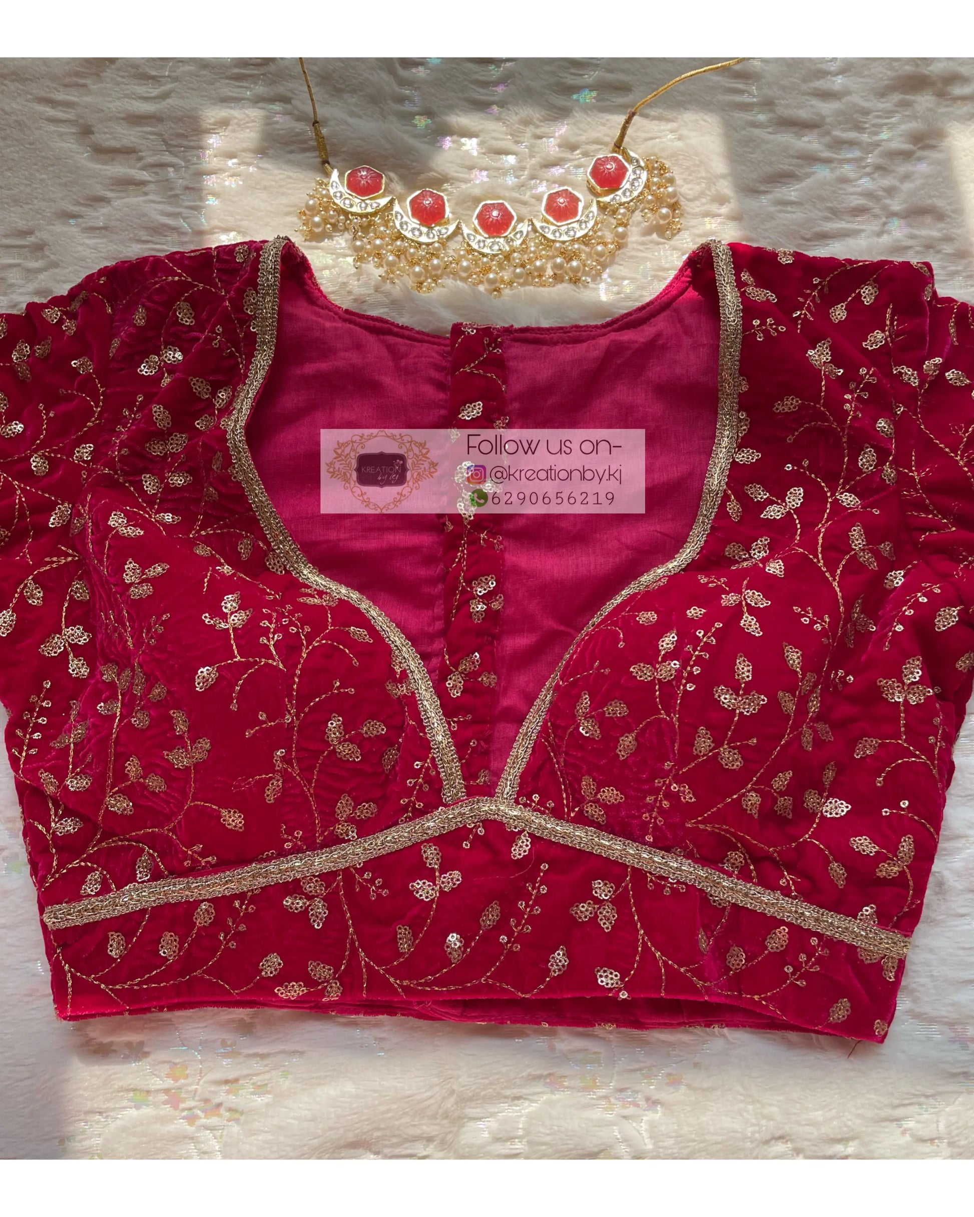 Fuschia Plunging Neck Velvet Blouse - kreationbykj
