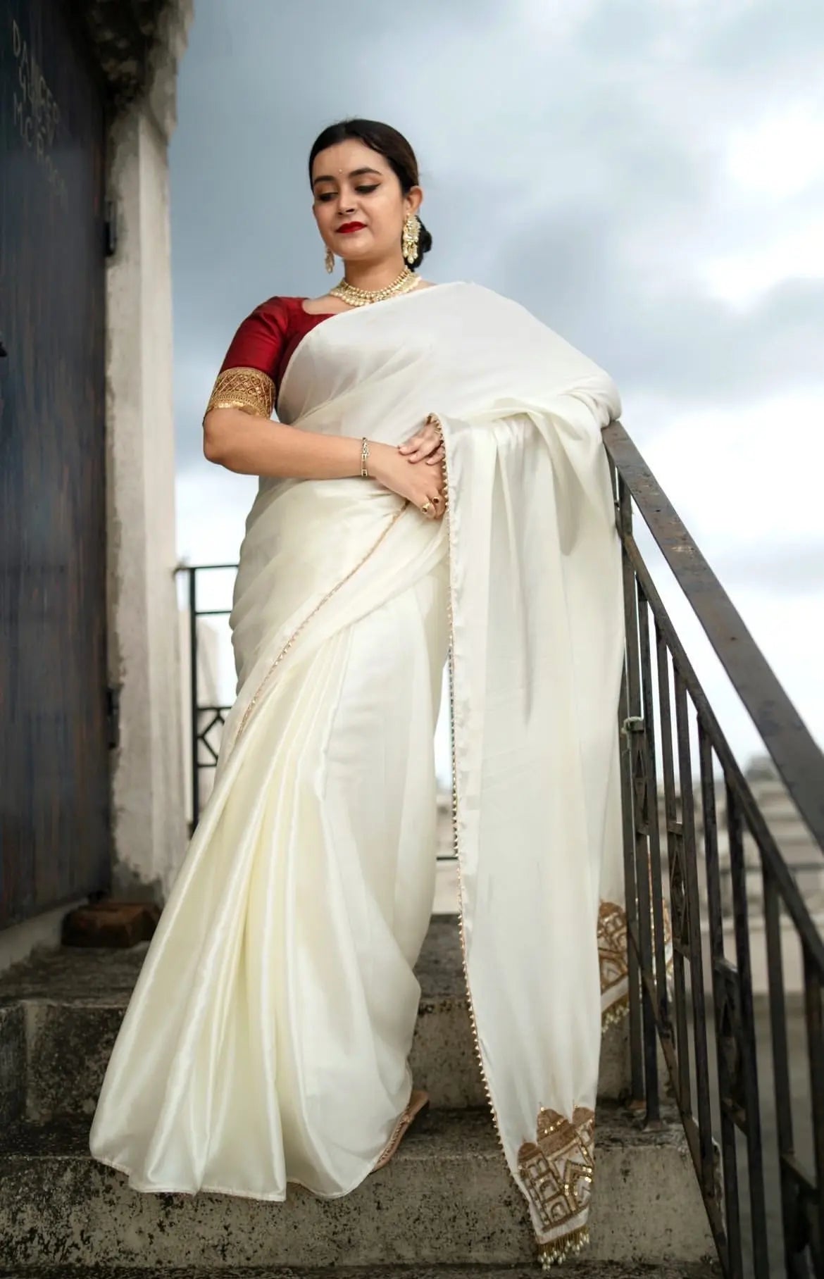 Cream Satin Silk Taj Mahal Saree - kreationbykj