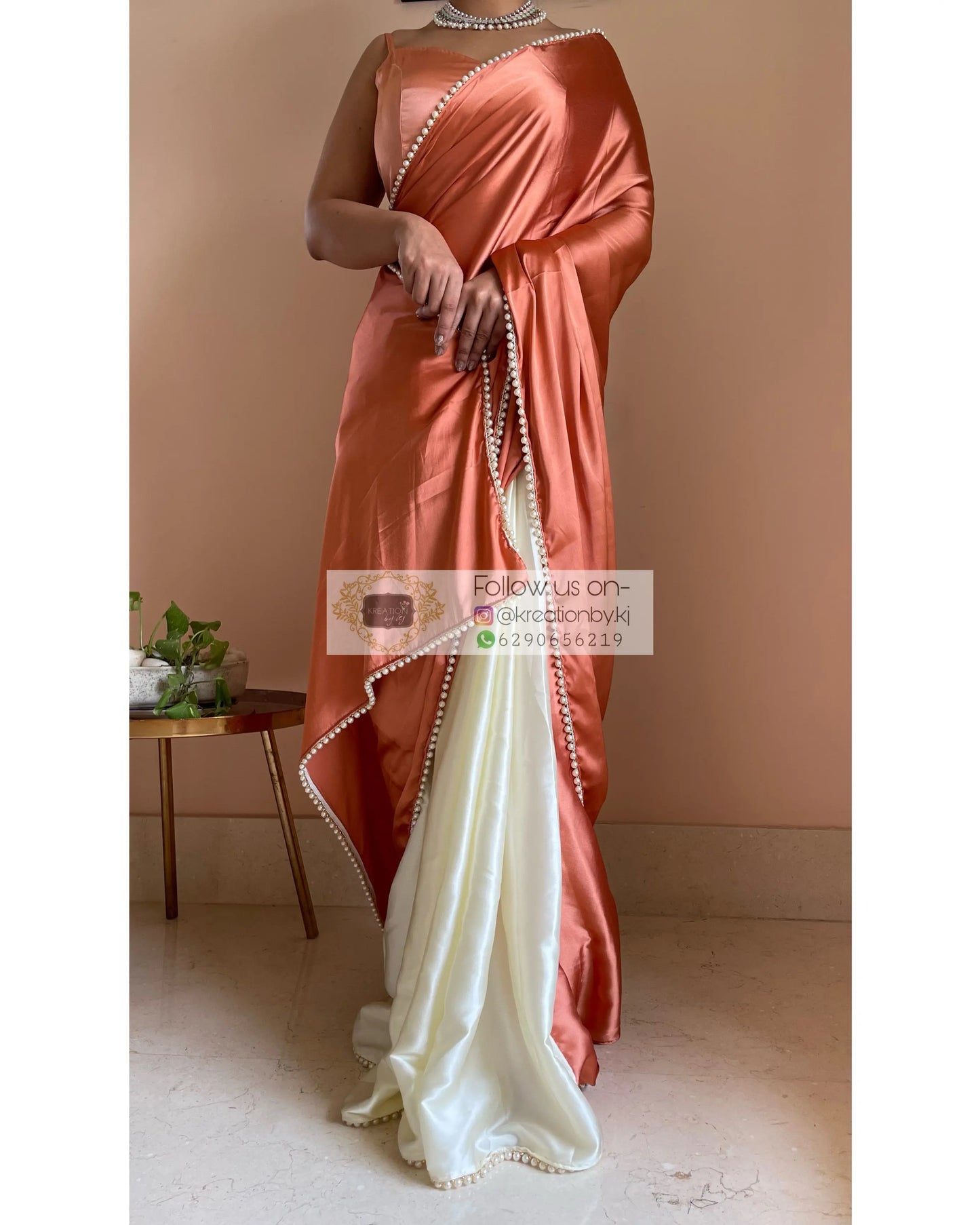 Peach Milk Two in One Satin Saree - kreationbykj