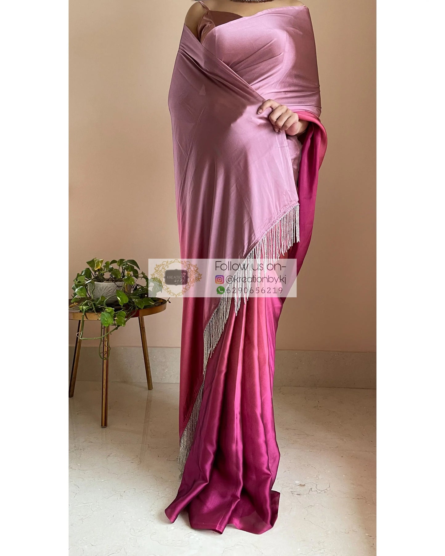 Pink Panther Georgette Ombré Saree with Handmade Tassels on Pallu - kreationbykj