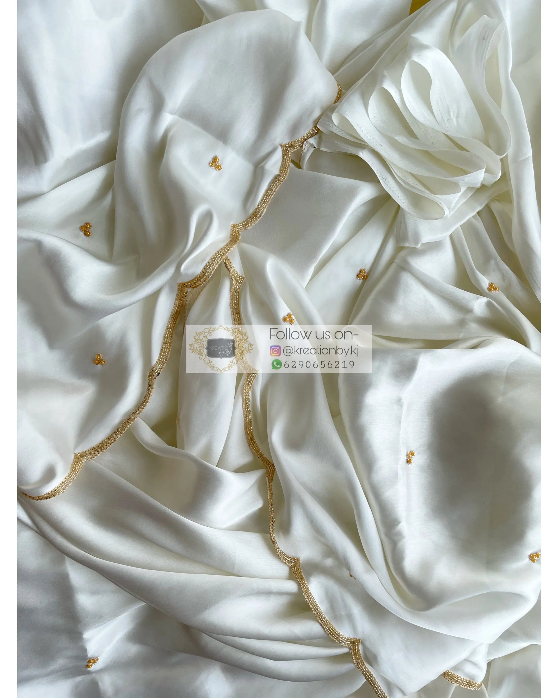 Cream Satin Silk Saree with Handembroidered Scalloping - kreationbykj