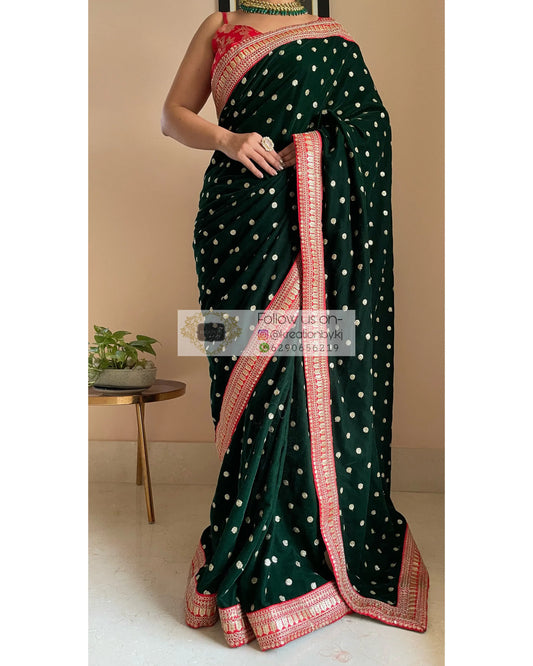 Bottle Green Velvet Saree with Border - kreationbykj