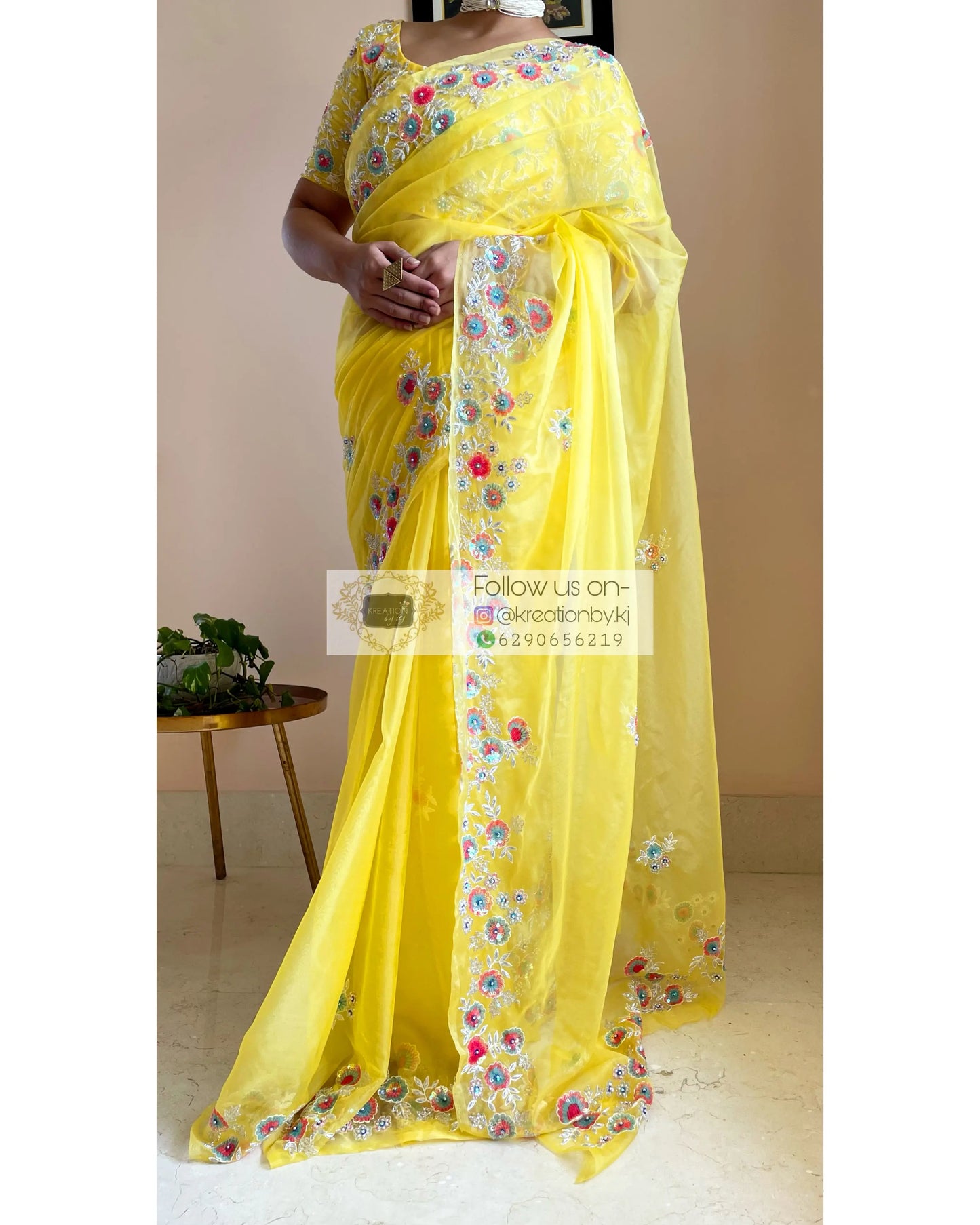 Yellow Organza Saree with Heavy Blouse - kreationbykj