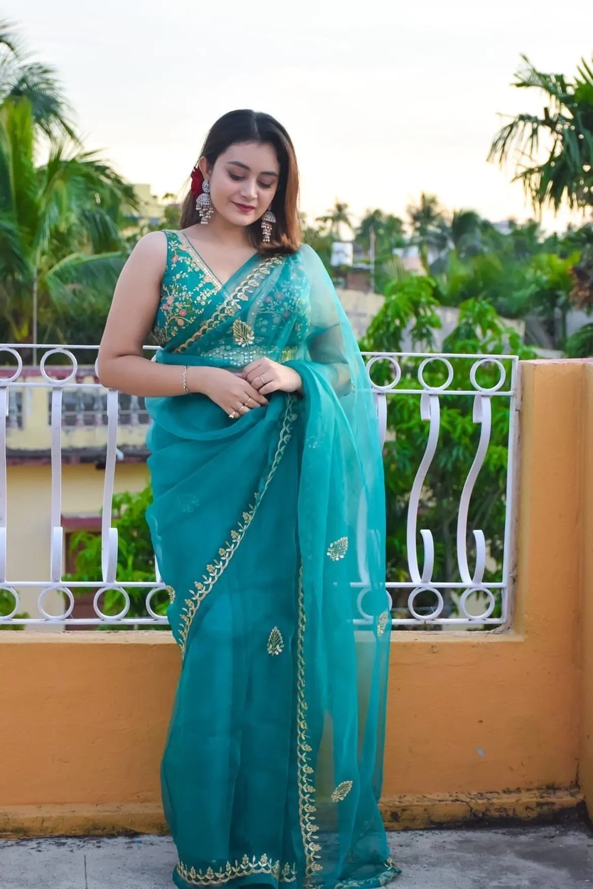 Teal Blue Glass Tissue Saree With Gota Patti Border - kreationbykj