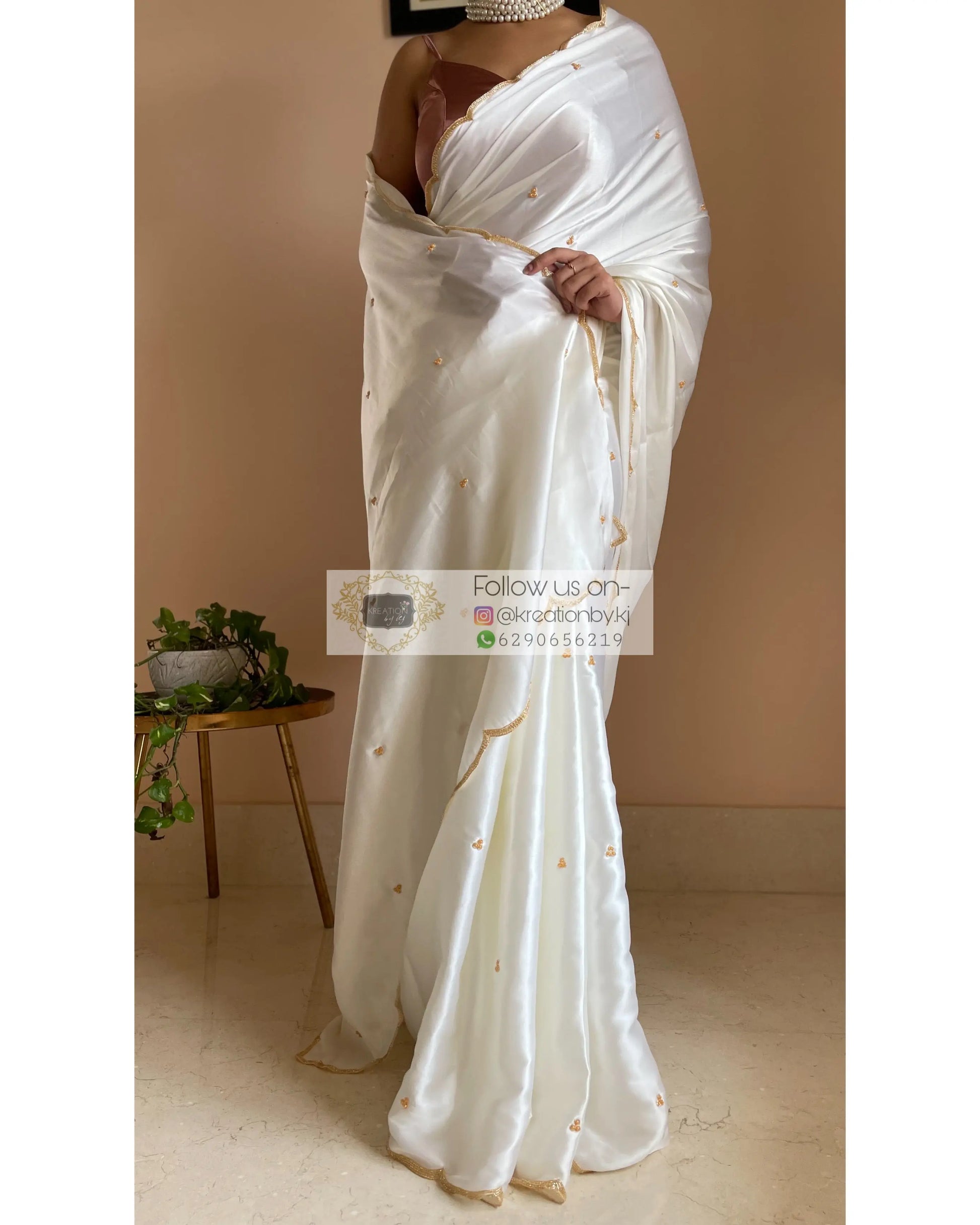 Cream Satin Silk Saree with Handembroidered Scalloping - kreationbykj