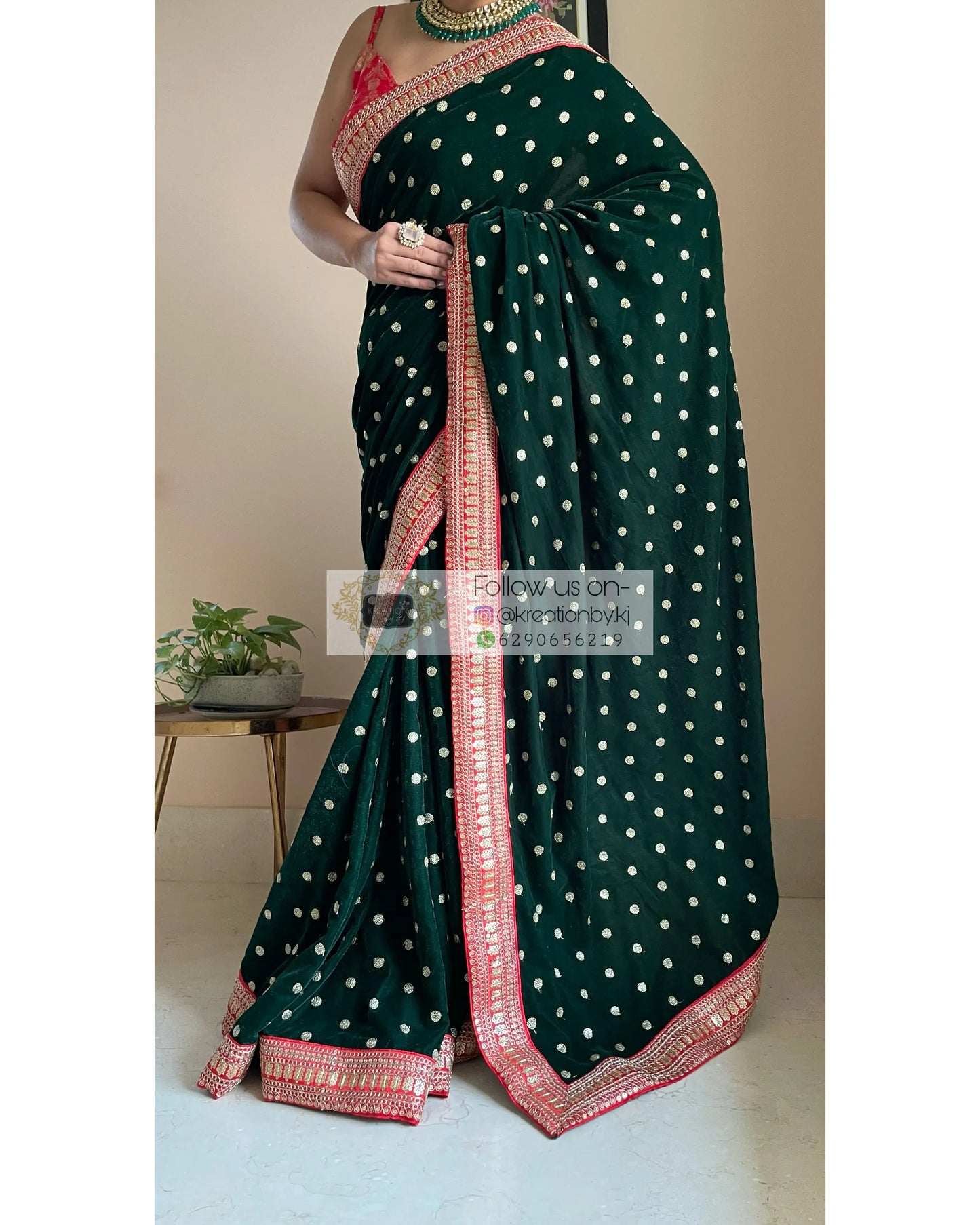 Bottle Green Velvet Saree with Border - kreationbykj