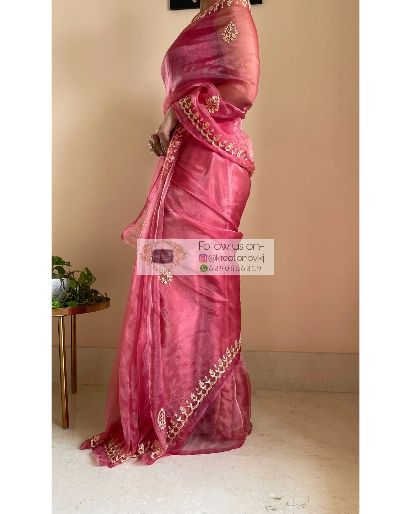Pink Glass Tissue Saree with Gota Patti border - kreationbykj
