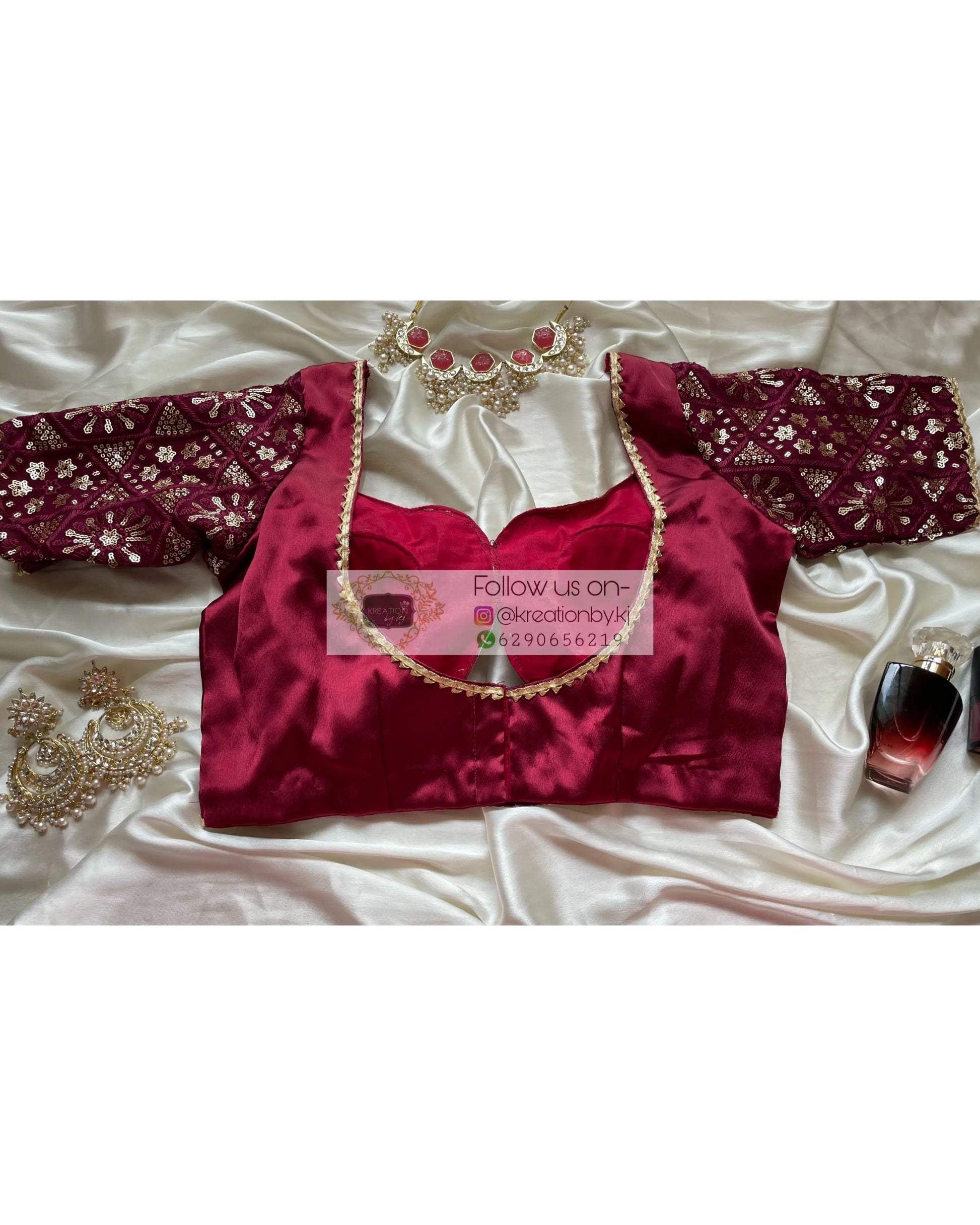 Maroon Blouse with Embroidered Sleeves - kreationbykj
