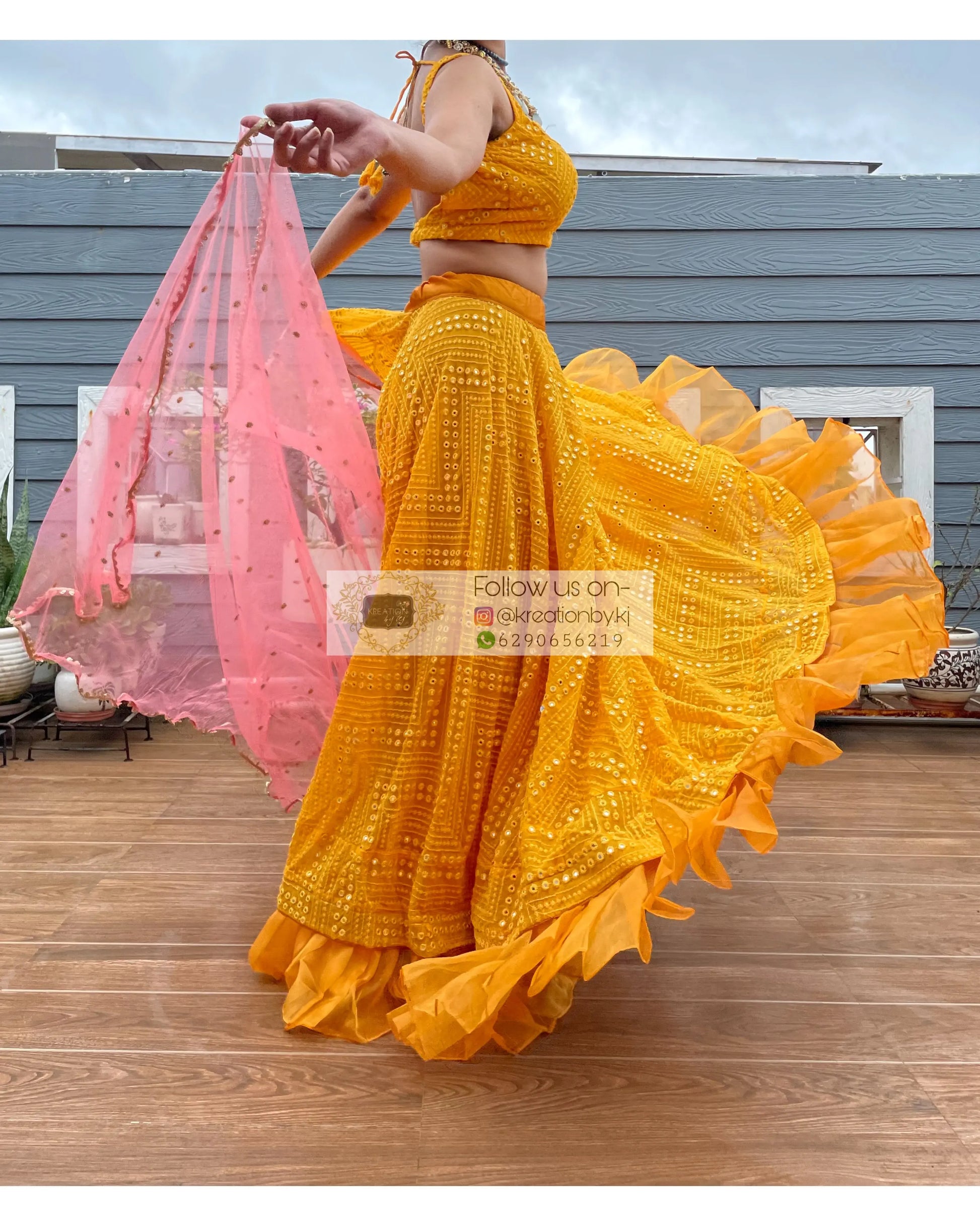 Yellow Sheesh Mahal Lehenga Set - kreationbykj