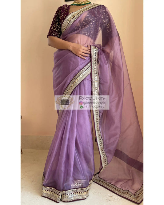 Light Purple Organza Saree with Wine Border - kreationbykj