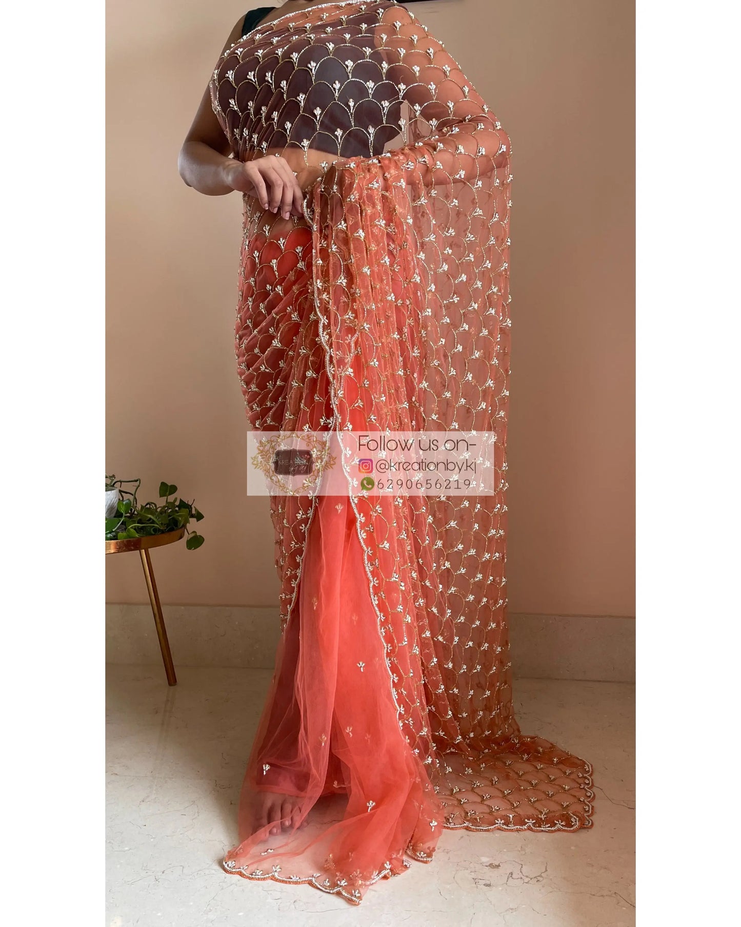 Coral Cutdana Mehraab Jaal Saree - kreationbykj