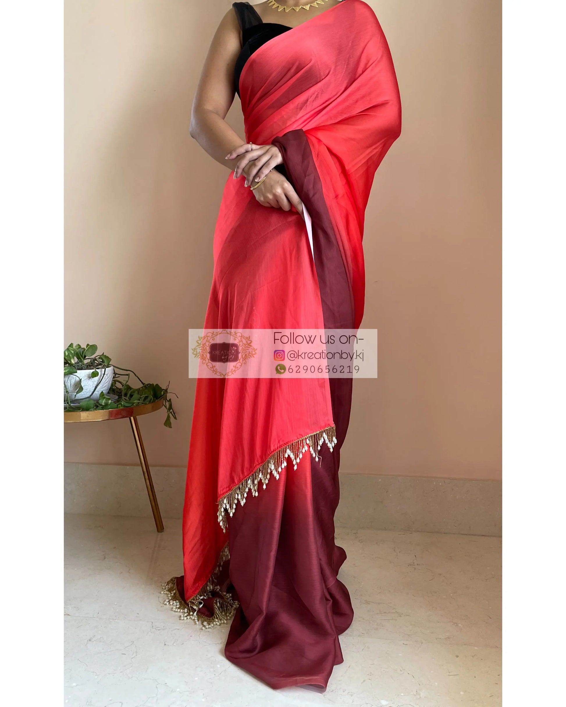 Vermillion Ombré Crepe Silk Saree with Handmade Tassels on Pallu - kreationbykj