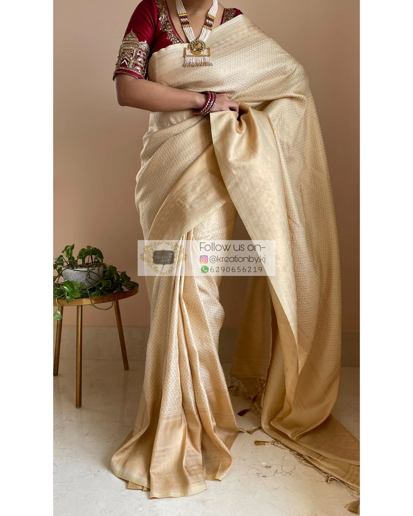 Beige Banarasi Saree with Designer Blouse - kreationbykj