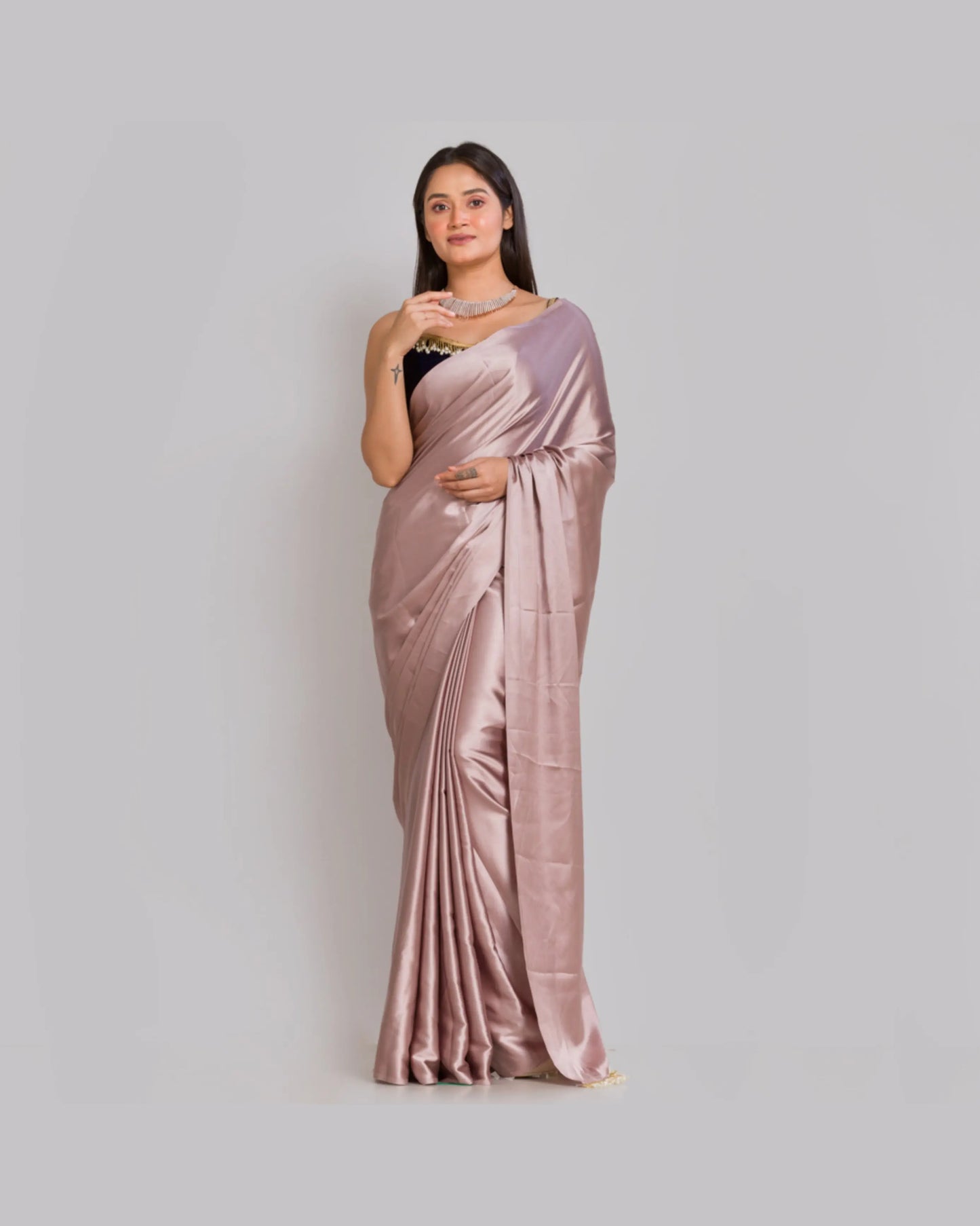 Lilac Satin Silk Saree with Handmade Tassels on Pallu - kreationbykj