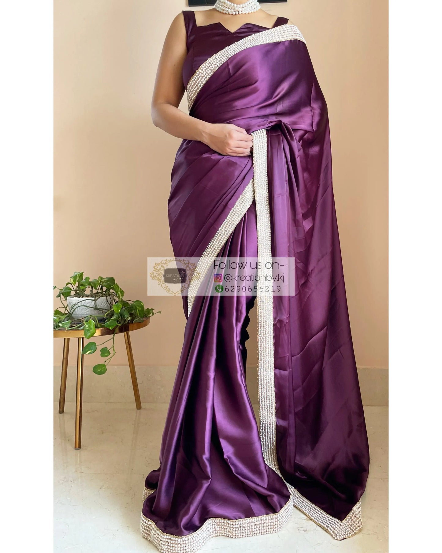 Dark Eggplant Wine Mother Of Pearl Saree - kreationbykj