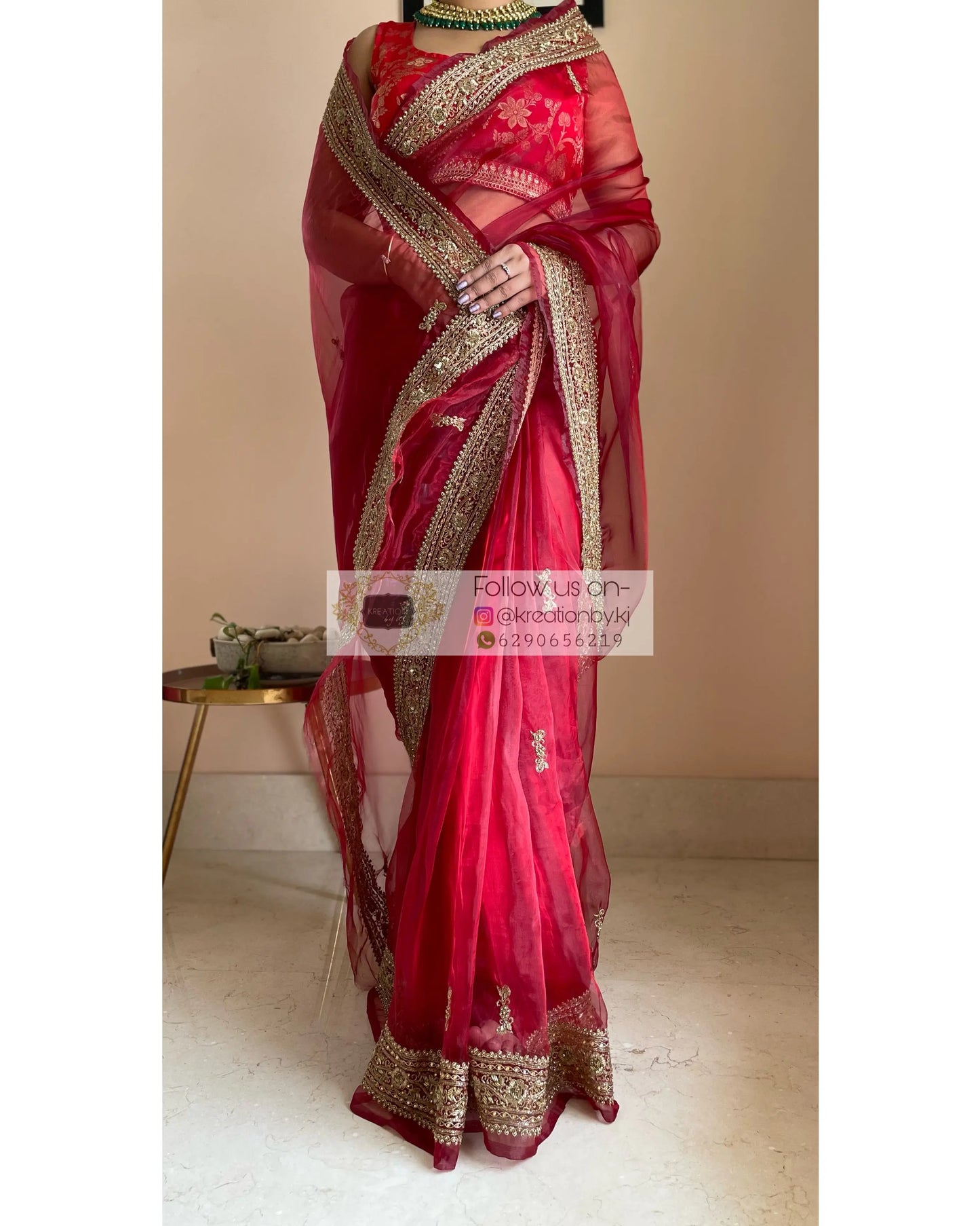Red Glass Tissue Zarina Saree - kreationbykj