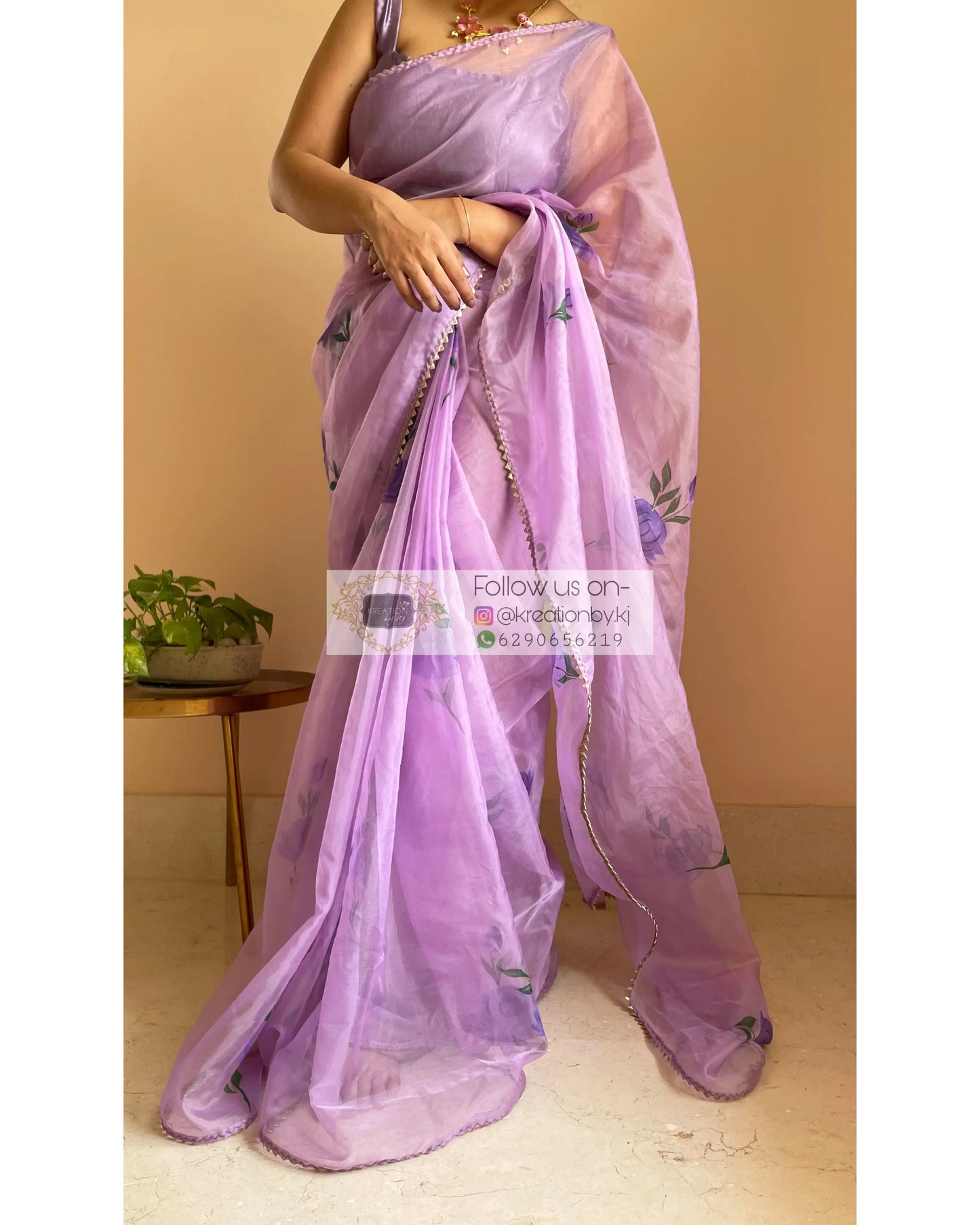 Lavender Floral Organza Saree - kreationbykj