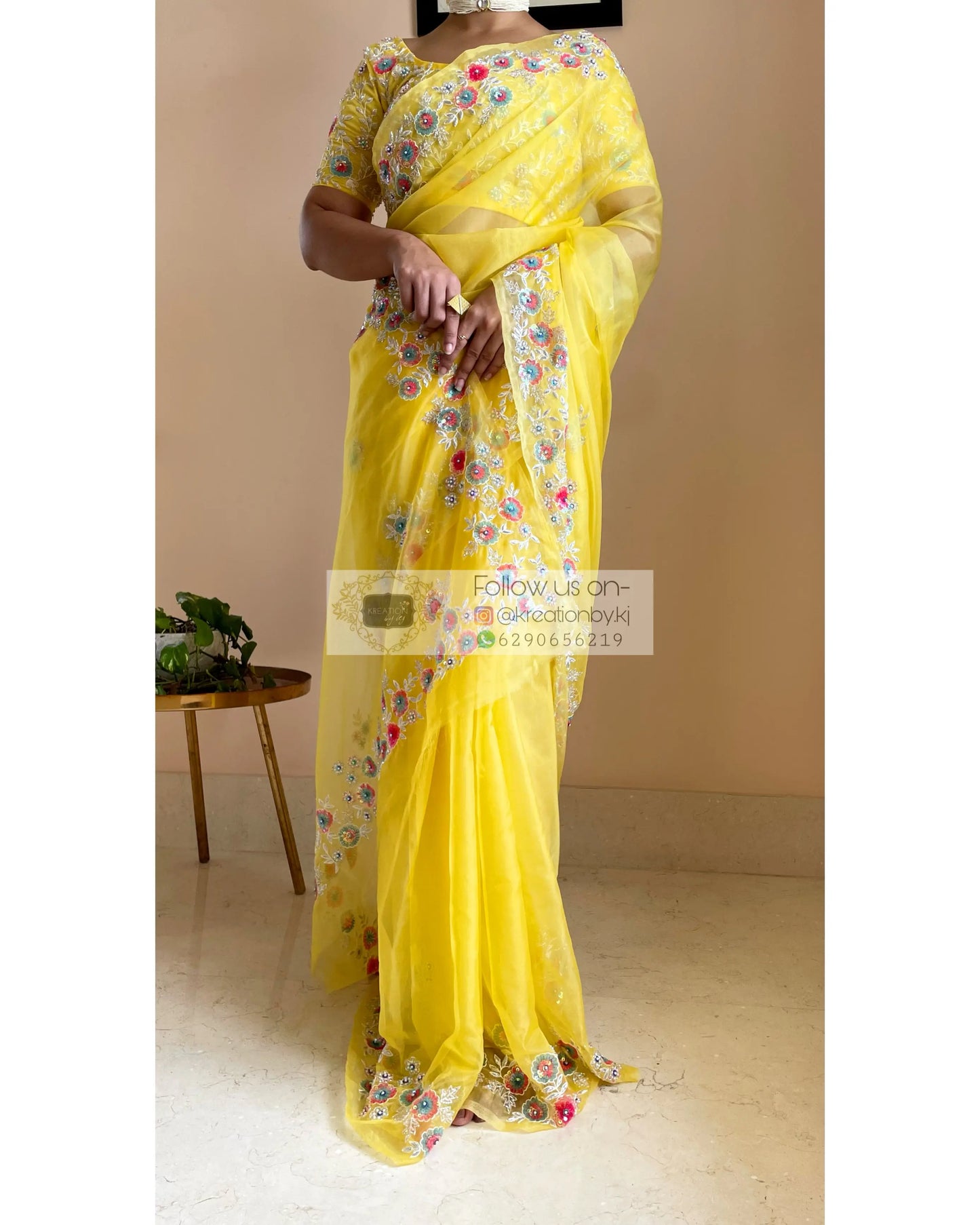 Yellow Organza Saree with Heavy Blouse - kreationbykj