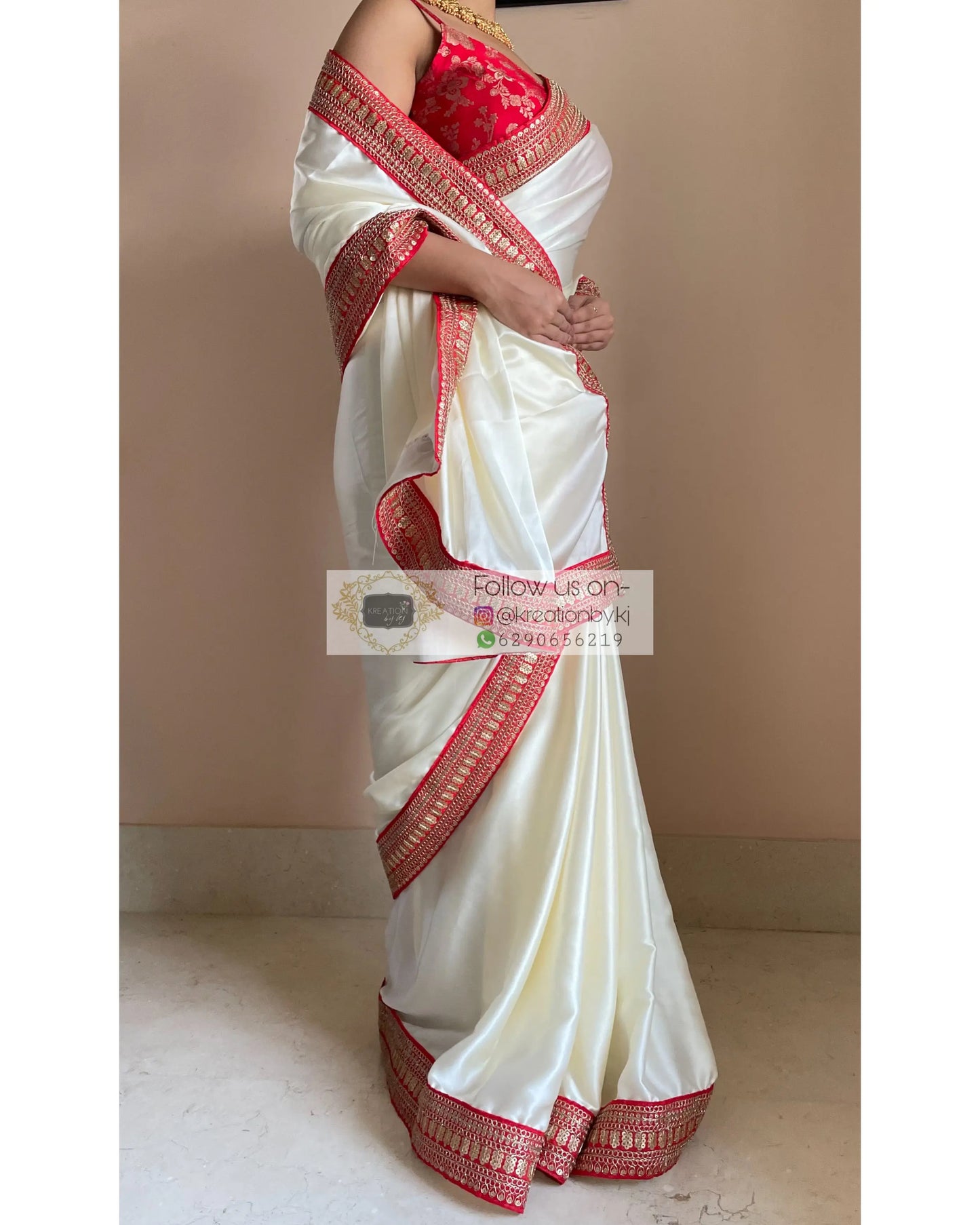 Cream Satin Saree with Red Border - kreationbykj