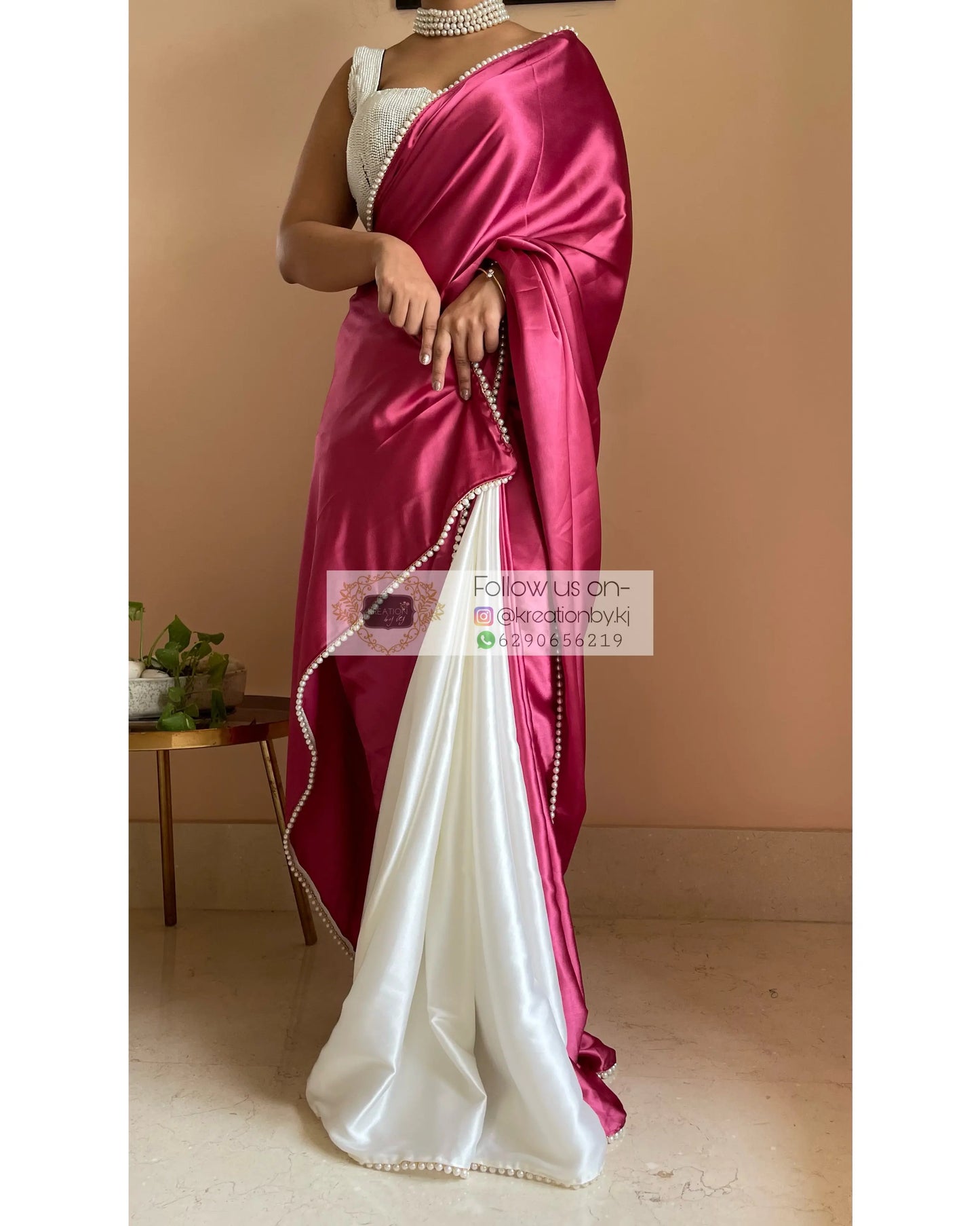 Pink Carnations Two in One Satin Saree - kreationbykj